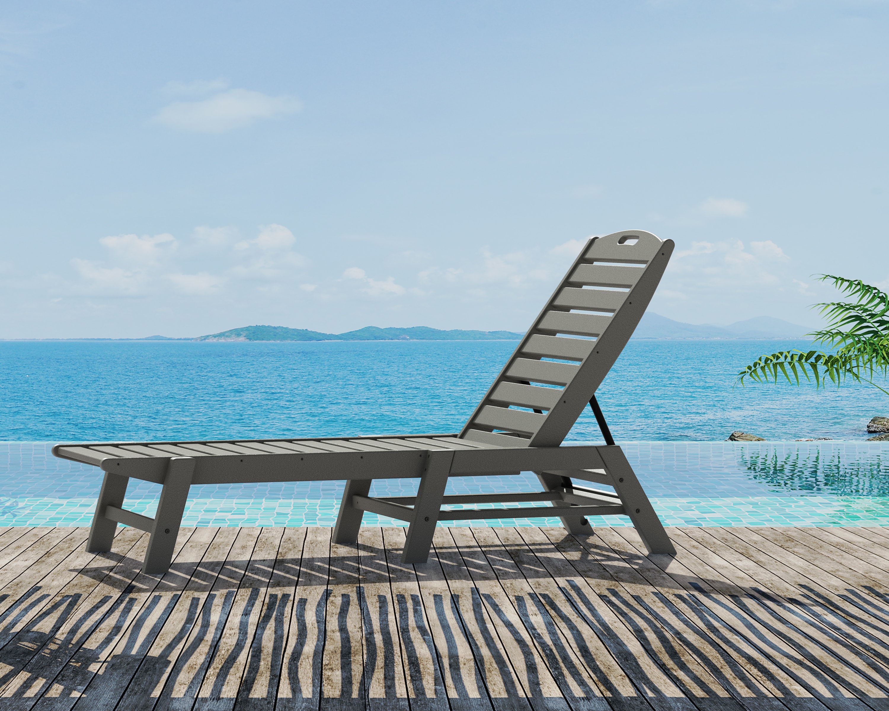 POLYWOOD NAC2280GY Nautical Slate Grey Plastic Frame Stationary Chaise Lounge Chair with Slat Seat