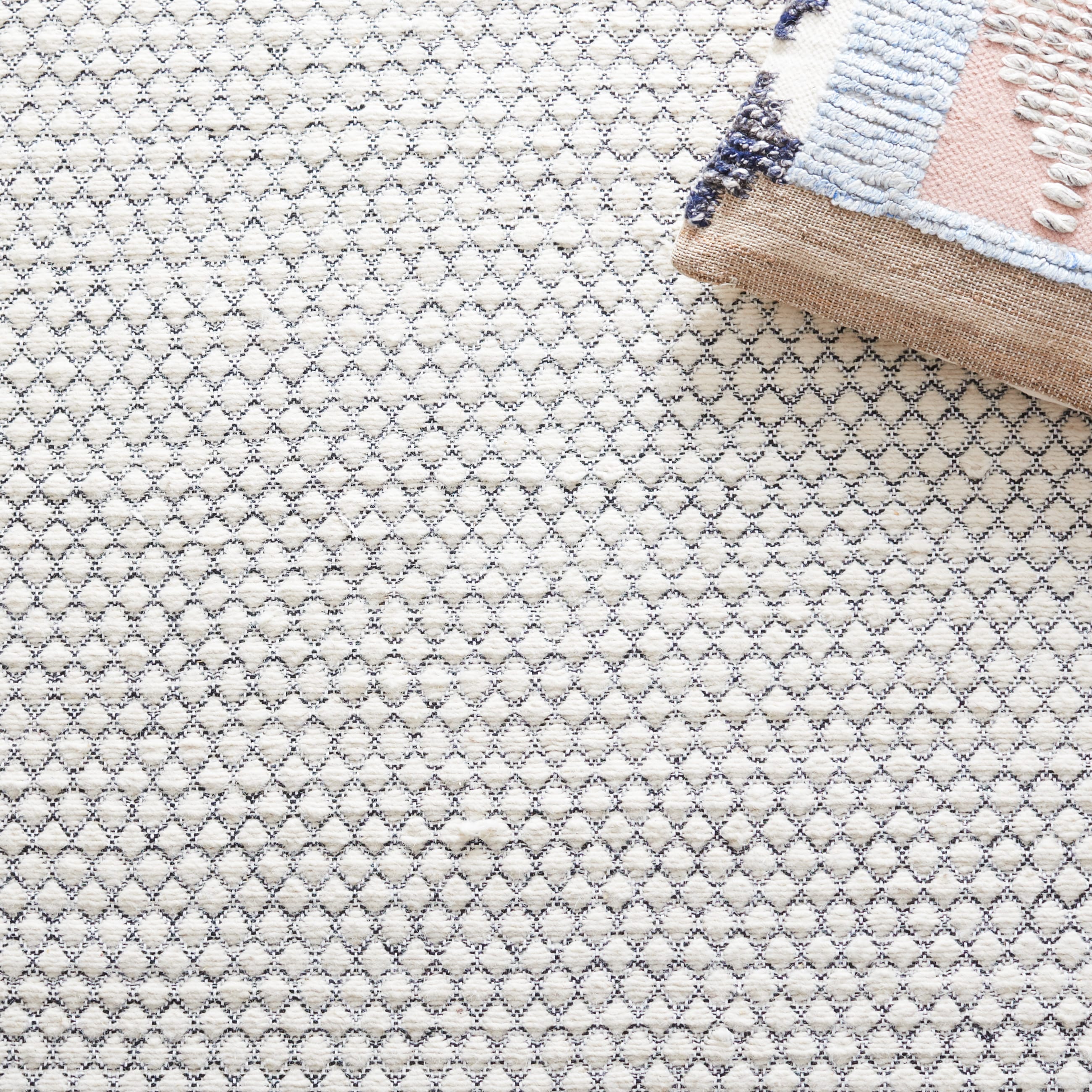Ivory and Black Geometric Handwoven Wool Cotton Area Rug