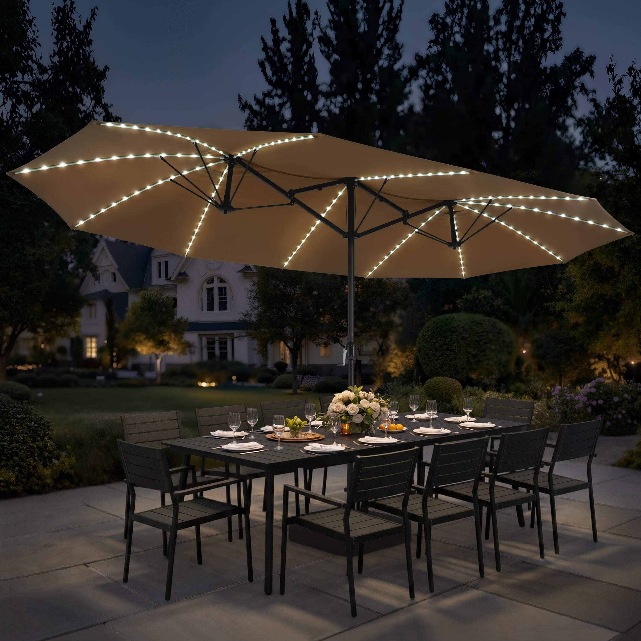 11 ft led offset patio umbrella in sunbrella sand SANLUCE 11 ft. Aluminum Offset Cantilever Patio Umbrella with LED Lights  and Water-Repellent Canopy in Sand CZ-CTDLED311-SD