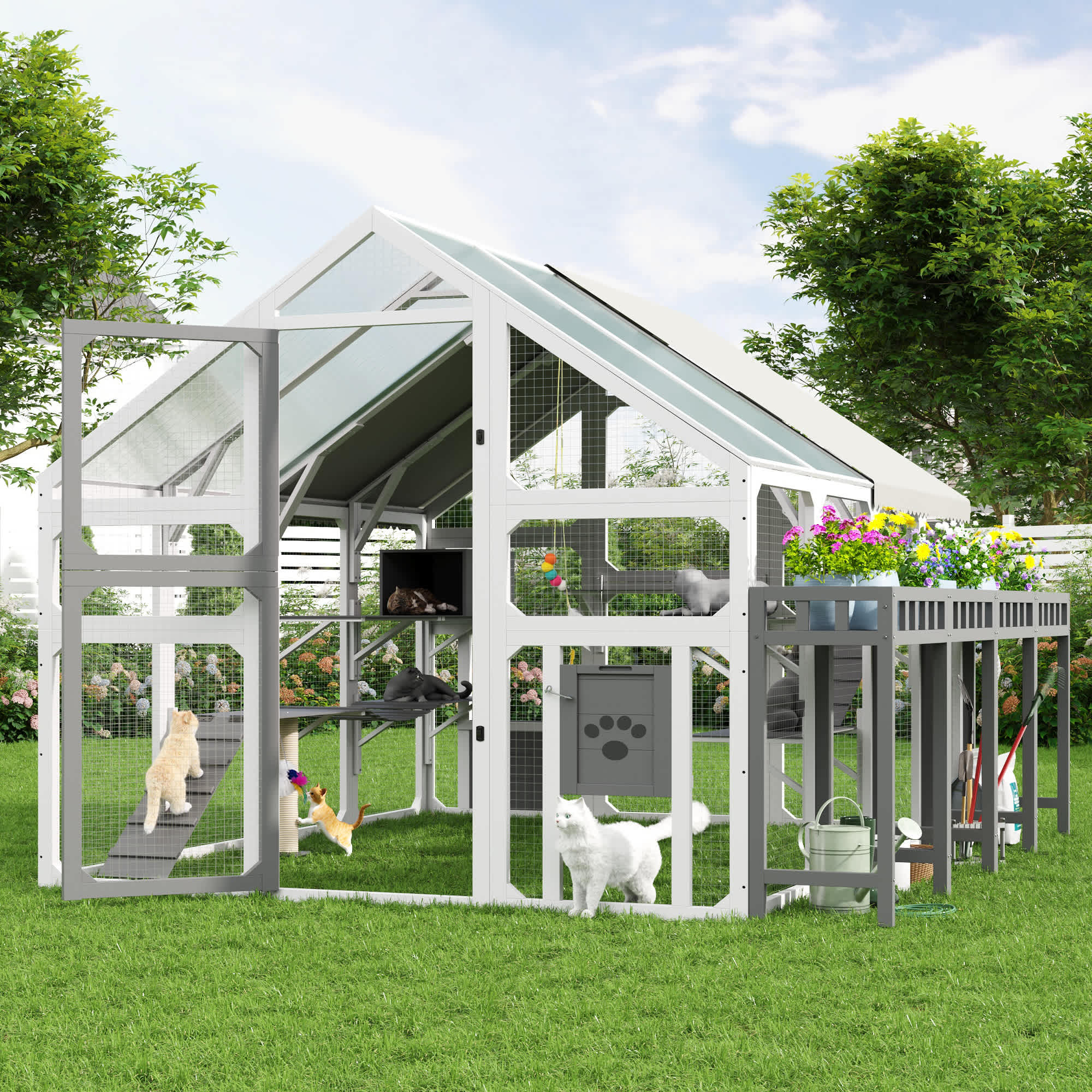 Roomfitters  Large Outdoor Cat House with Detachable Planter Stand and Scratching Posts Gray White