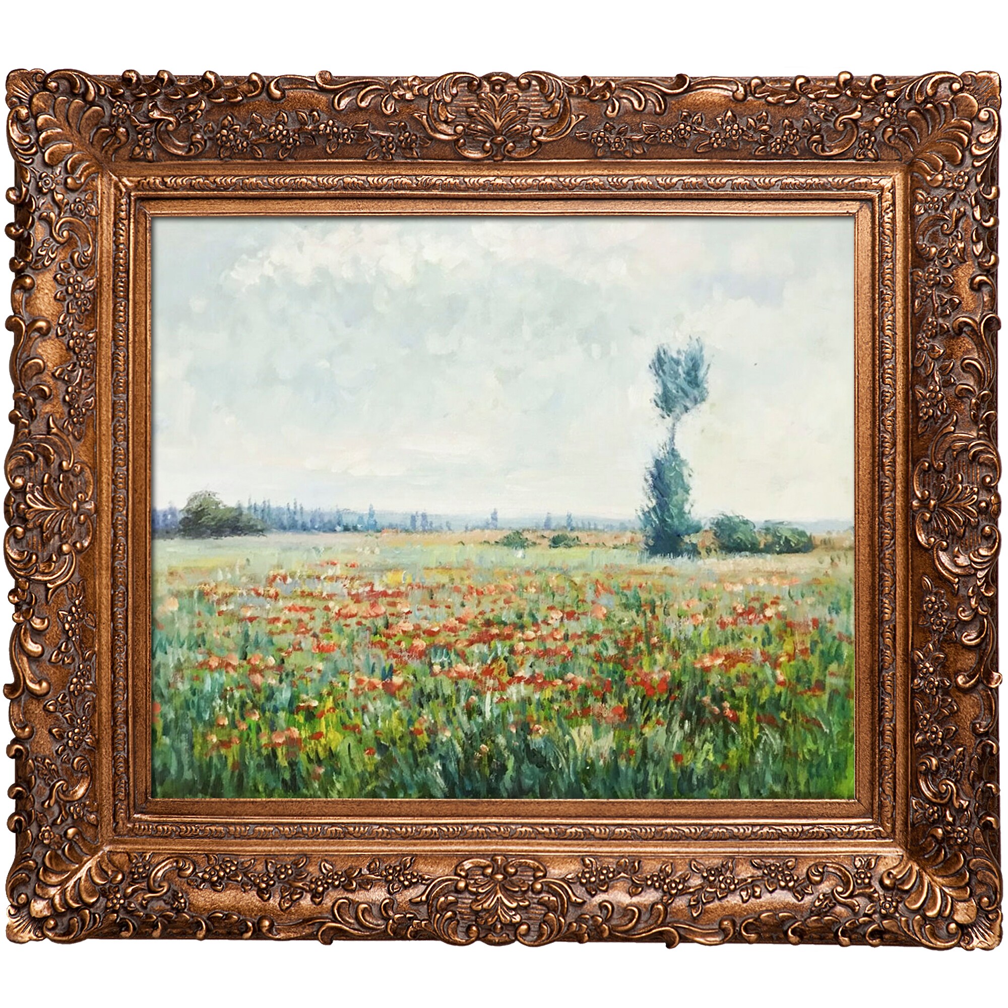 La Pastiche 688576152134 The Fields of Poppies Claude Monet Gold Wood Framed 29.5-Inches H x 33.5-Inches W Floral Canvas Hand-Painted Painting