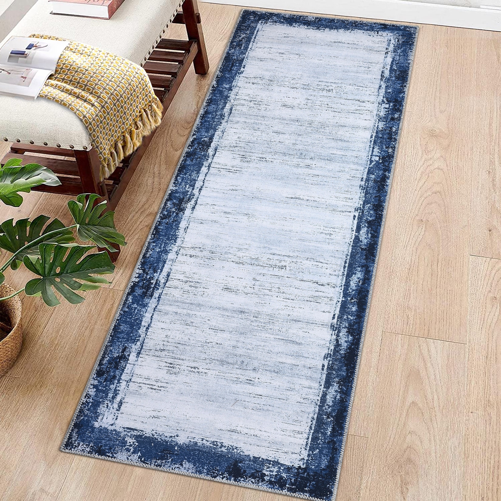 Garvee YXY-LO-PHO-10RRB3D6 2 x 10 (ft) Loomed Polyester Navy Blue Rectangular Indoor Ombre Mid-Century Modern Machine washable Runner rug
