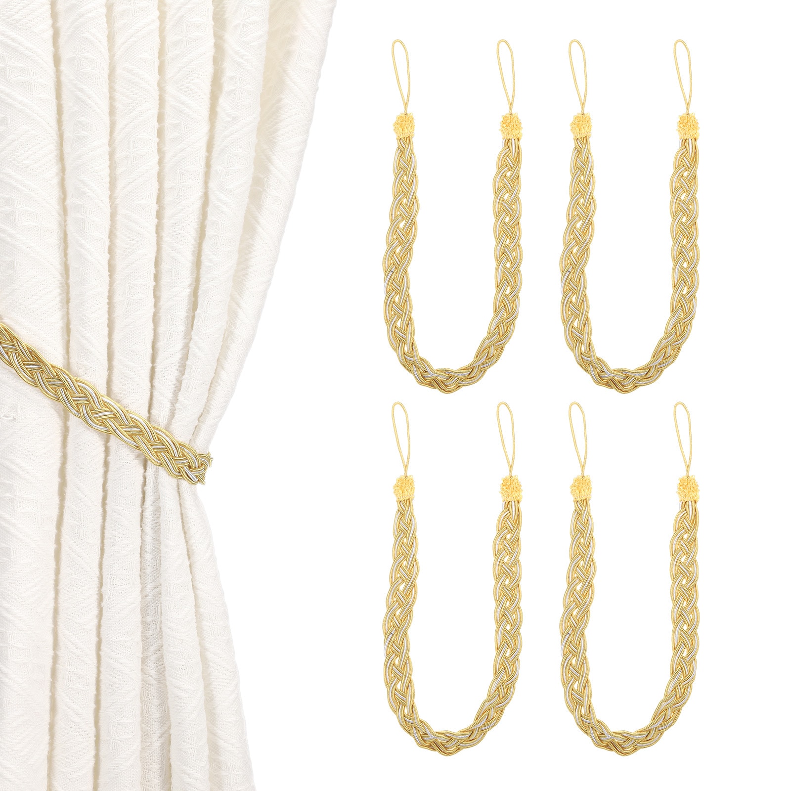 Unique Bargains - 4pcs Curtain Tiebacks 56cm/22-Inch Braided Drapery Holdback Holder Curtain Ties...