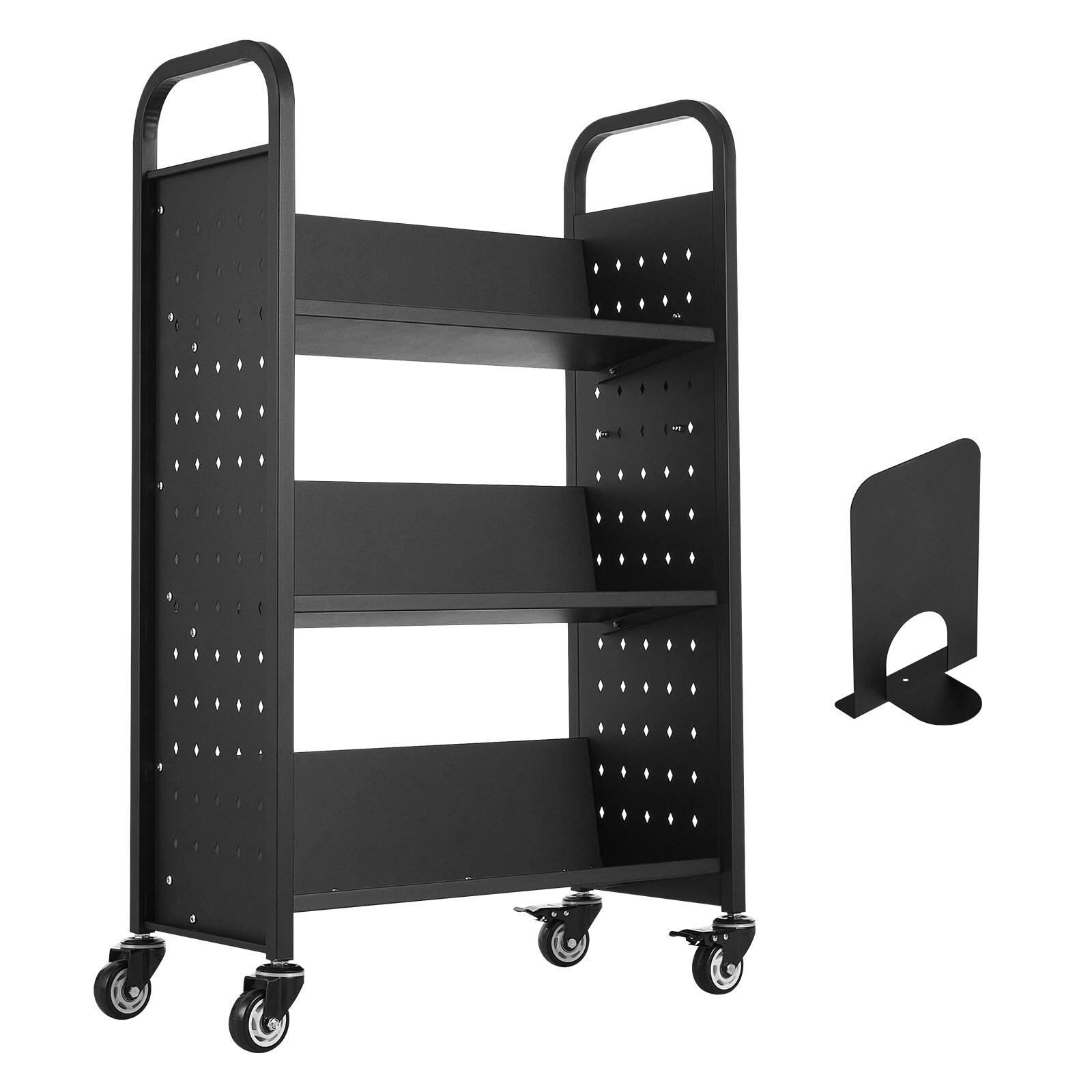 LUXEYARD 3 Tier Rolling Book Cart Single Sided V Shaped Shelves Book Truck in Black