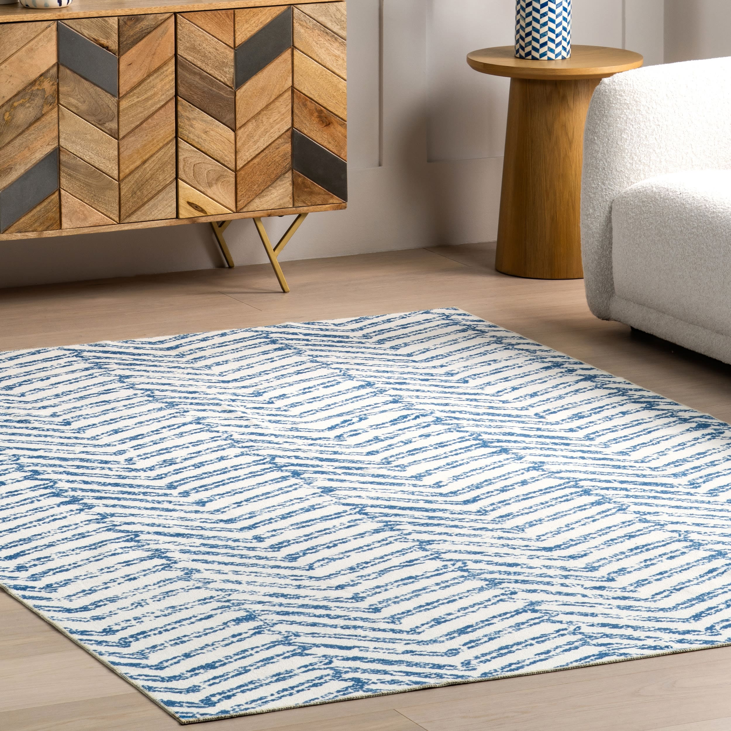 Rosanne Blue and Ivory Geometric 5' x 8' Washable Synthetic Area Rug