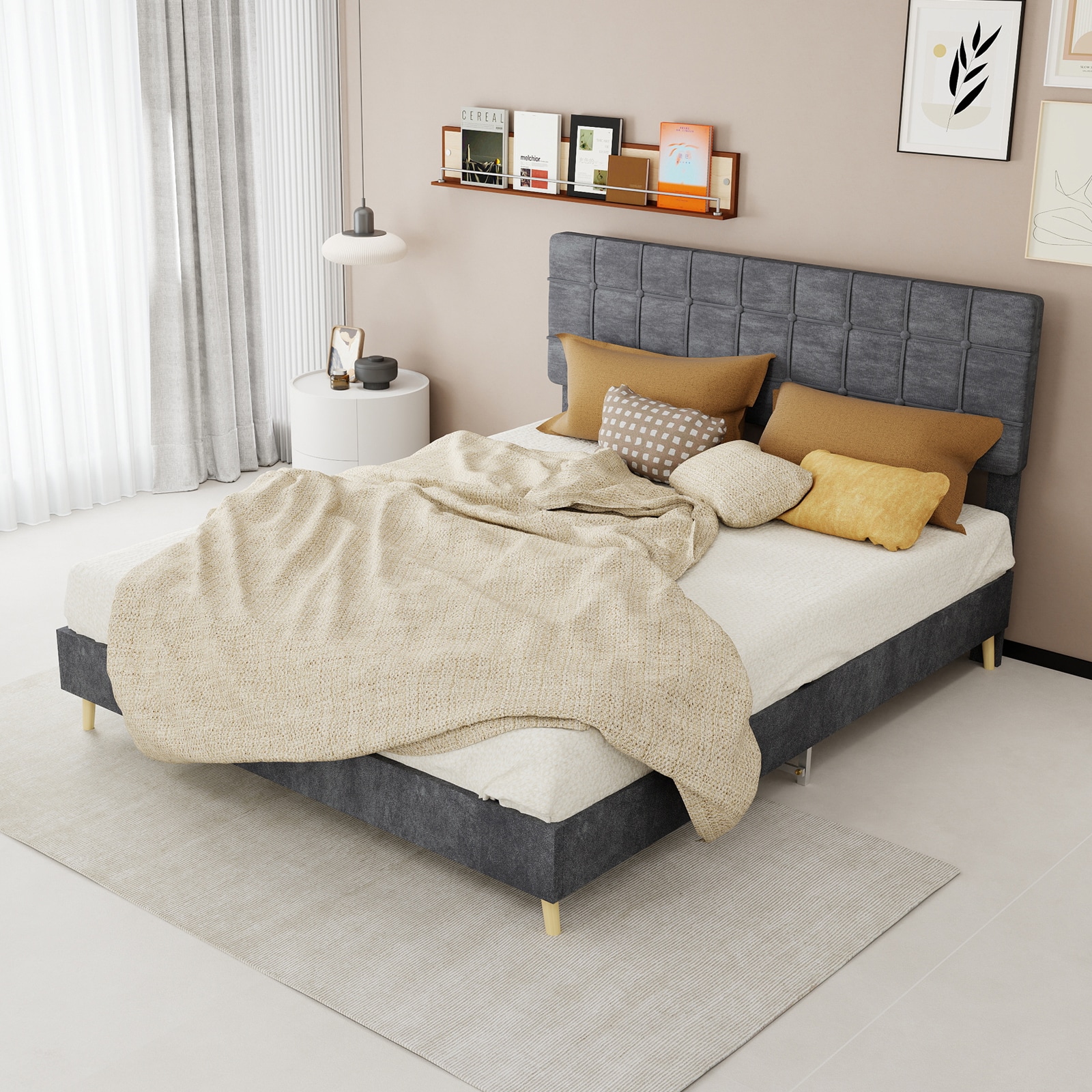 GZMR - Queen Grey Bed Frame with Headboard