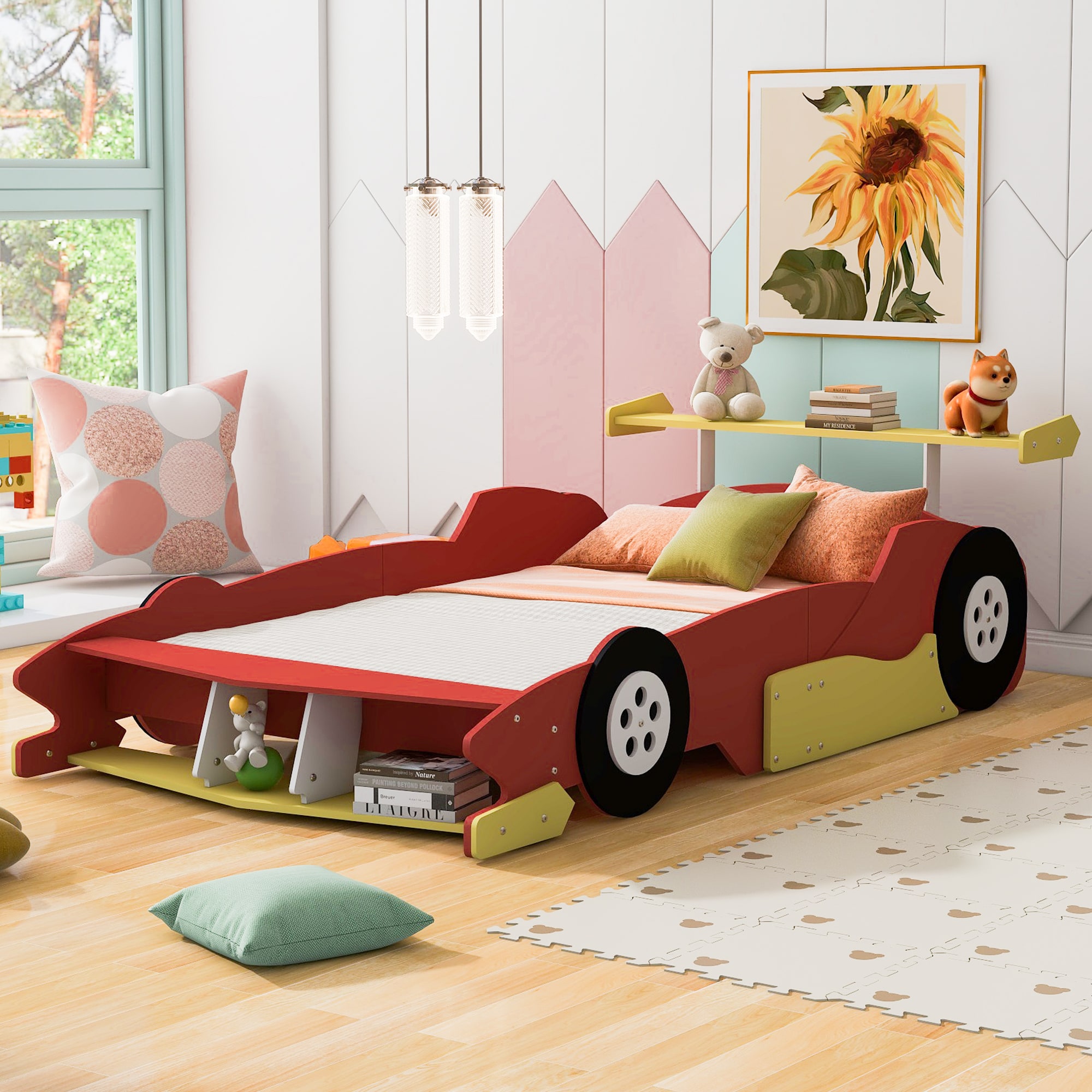 ModernLuxe LP002420AAJ Full Size Race CarShaped Platform Bed with WheelsRed