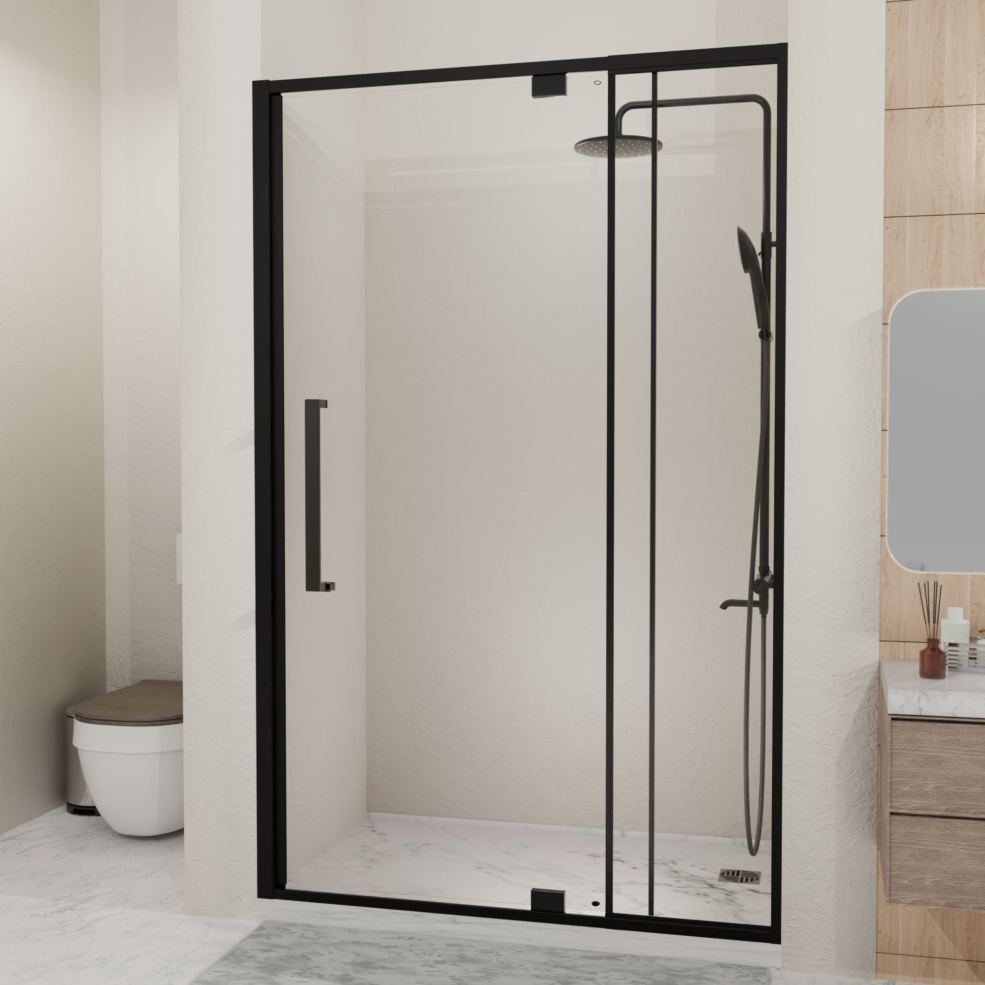 Tinyhomie Semi Frameless Pivot Hinged Glass Shower Door 44 48 In W X 72 In H 1 4 Inch 6mm Tempered Glass Matte Black Finish Reversible Glass Shower Door