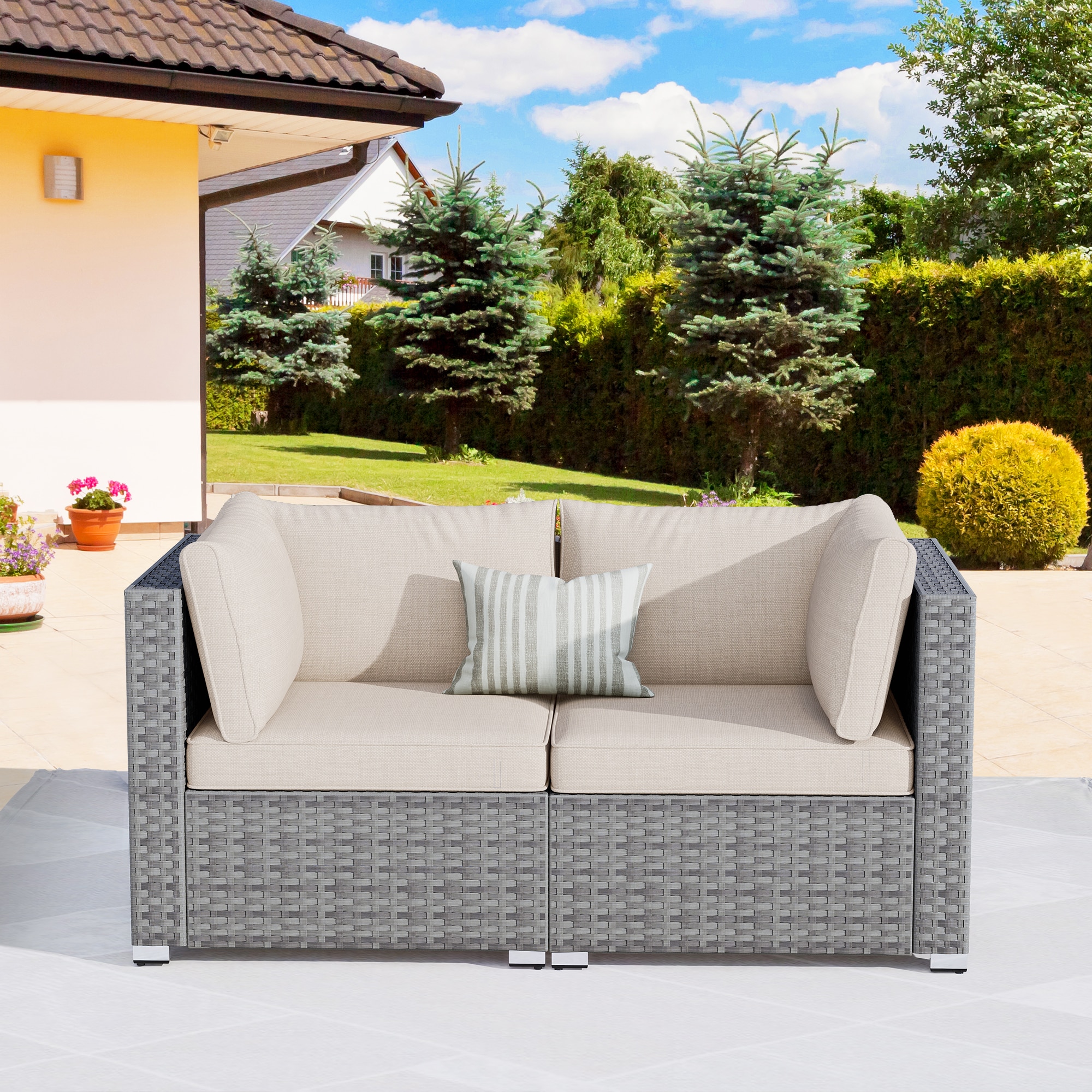 XIZZI RRS600-1 Sunrise Wicker Beige Cushion Metal Frame Stationary Balcony Chair with Off-white Cushioned Seat