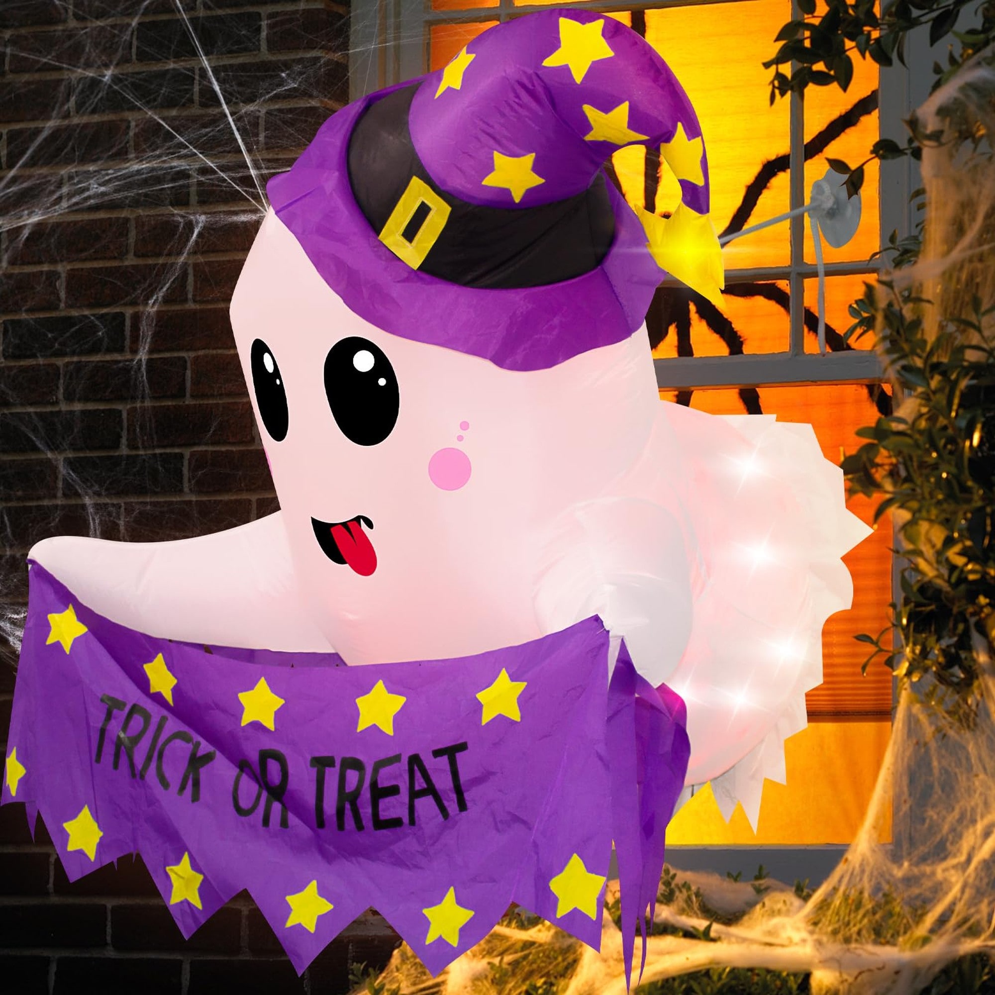 Angel Sar 3.5 FT Halloween Inflatable White Ghost Decoration with LED Lights Blow Up Holding Trick or Treat Banner Broke Out from Window for Indoor Outdoor Wall Hanging