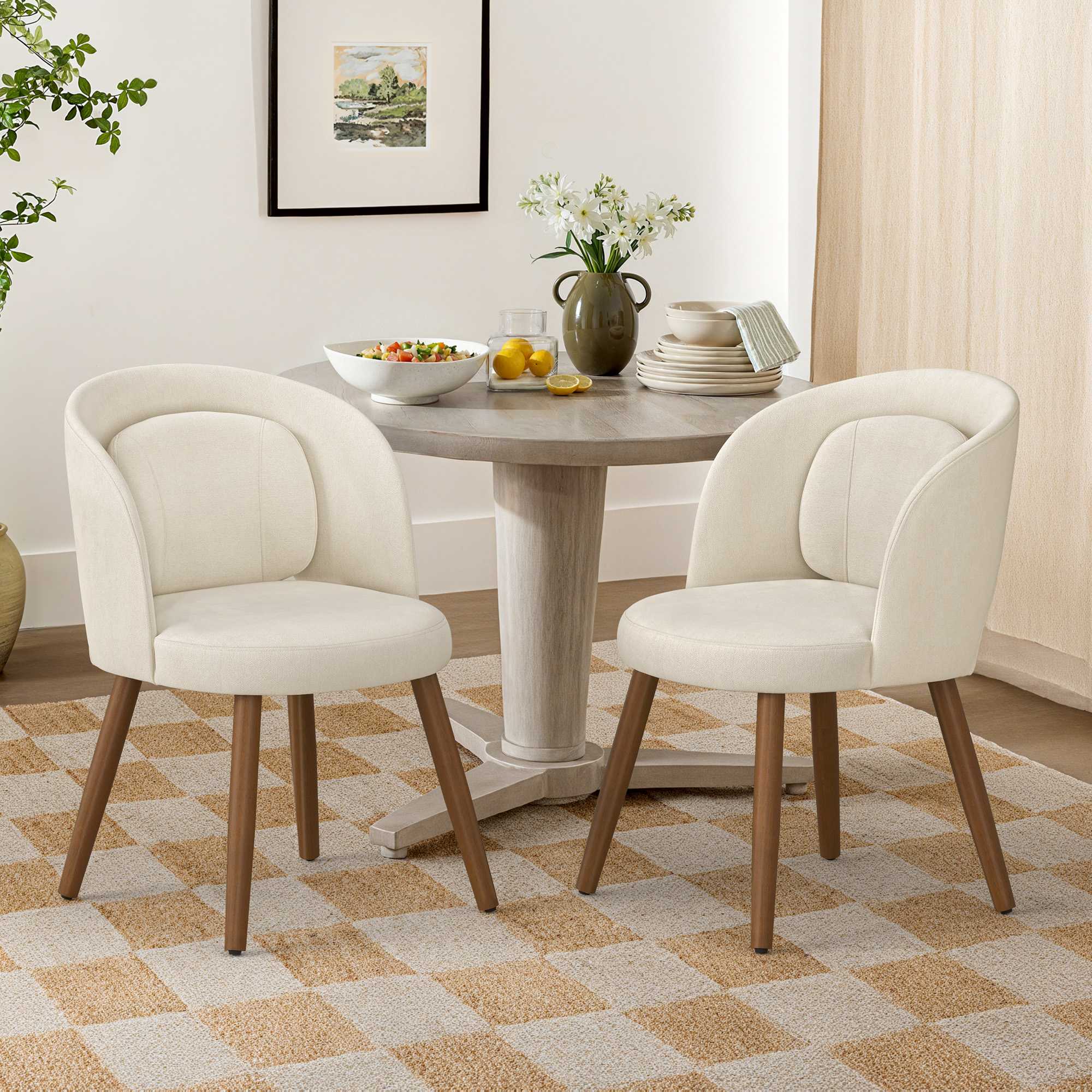 LUE BONA Linen Dining Chairs Set of 2&4 with Solid Wood Legs, Modern Upholstered Kitchen Chairs with Lumbar Pillow for Dining Room Beige