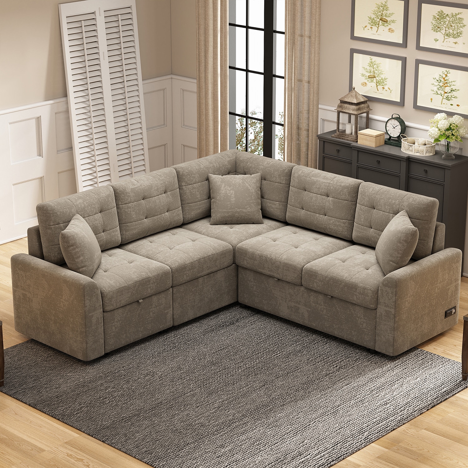 GZMR GZ-HH40075 82.6" L-shape Sofa Bed 82.6-in Modern khaki Velvet 4 -seater Reclining Sofa