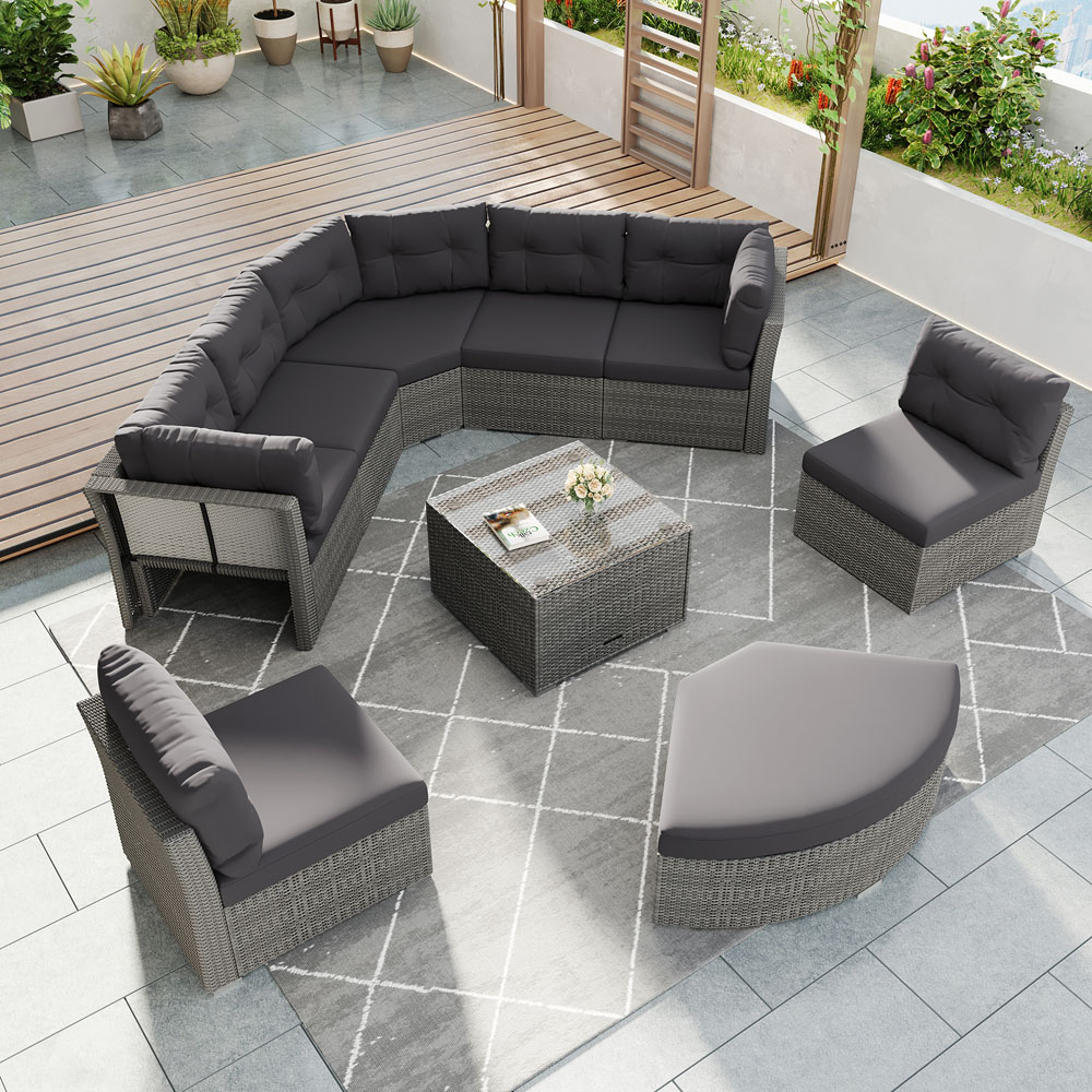 ModernLuxe L-SZ000010AAE Patio Furniture Set Outdoor Furniture Daybed Rattan Sectional Furniture Set 9 -Piece Rattan Patio Conversation Set with Gray Grey Cushions