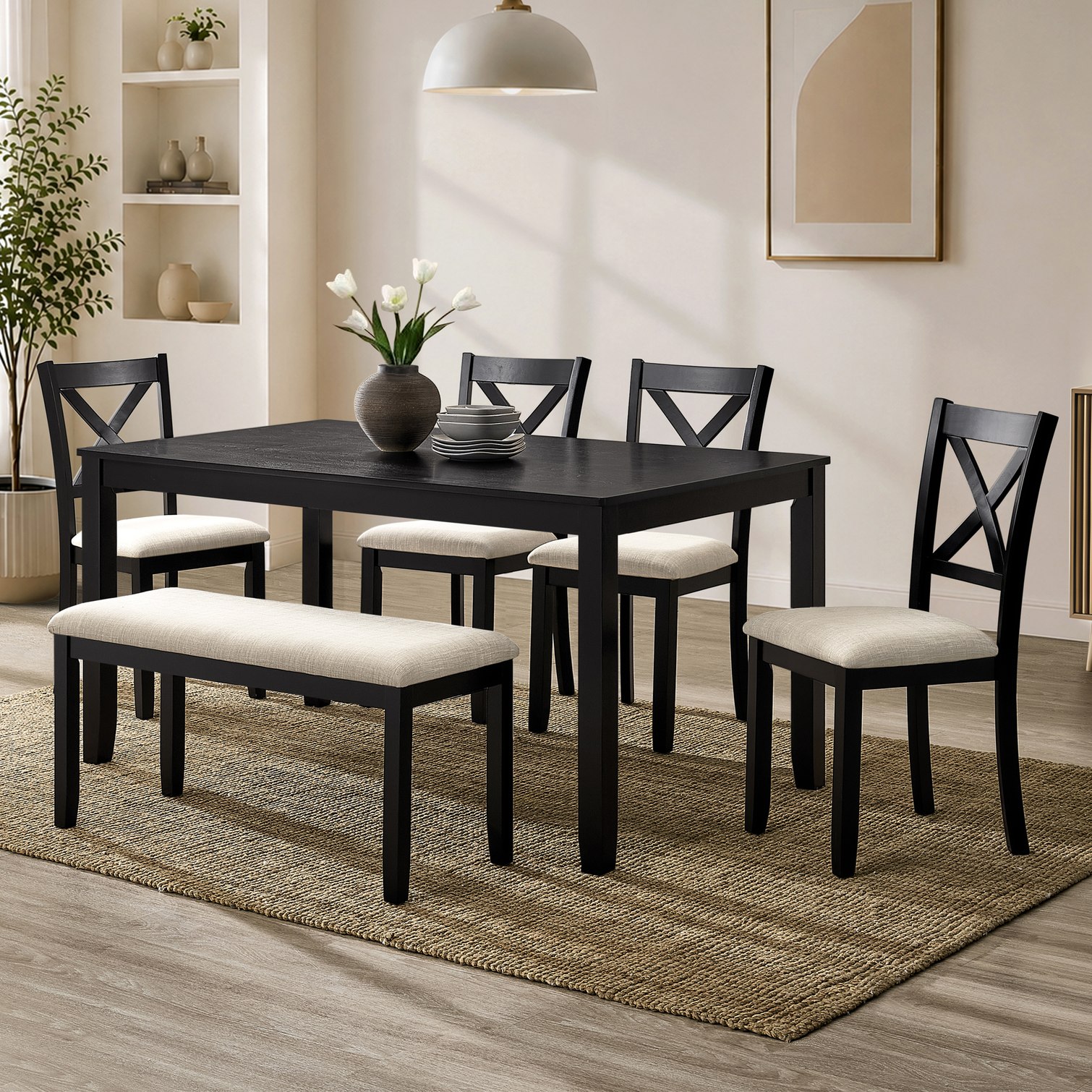 FlowLuxe Dining Table Set - Wood 6-Piece Dining Set with Upholstered ...