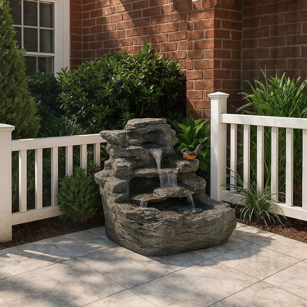 Watnature 4 Tier Concrete Rock Waterfall Fountain with LED Lights Weather Resistant Outdoor Garden Decor with Soothing Water Sound