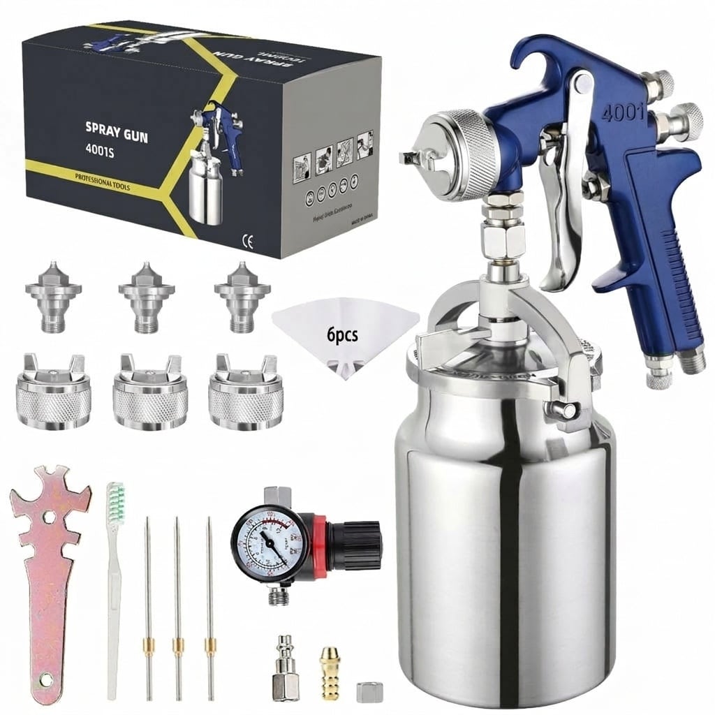 Misopily HVLP Siphon Feed Spray Gun Kit 1 Set 1.4mm 1.7mm 2.0mm Stainless Steel Nozzle 1000cc Aluminum Cup 6 Paint Strainers Brass Air Cap Blue #LMS0427E33