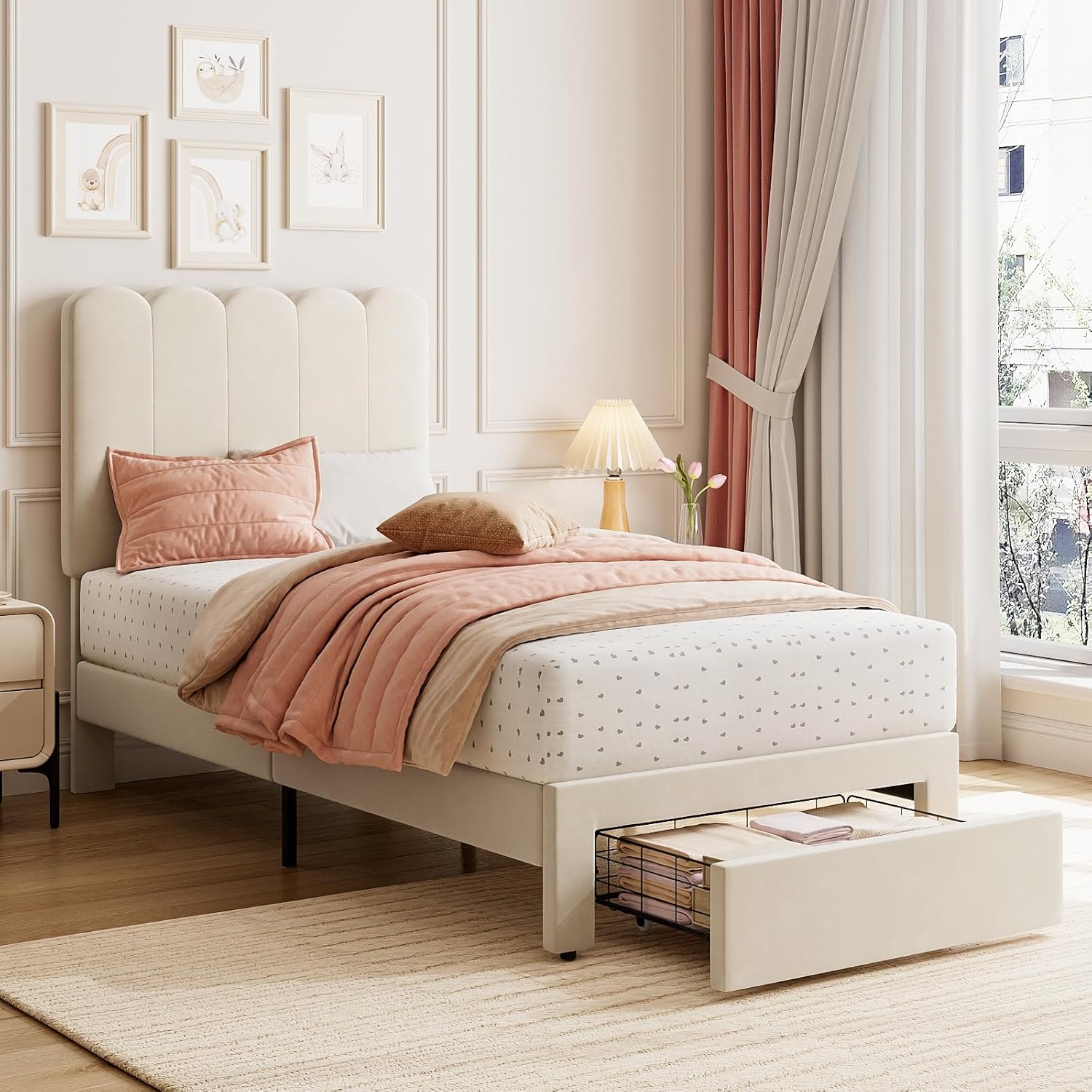 Qeetex LHF-BED-PHO-33LX83AT Twin Bed Frame with Storage Drawer and Headboard Velvet Upholstered Twin Platform Bed Frame for Girls Strong Wooden Slats Support Noise-Free Easy Assembly White