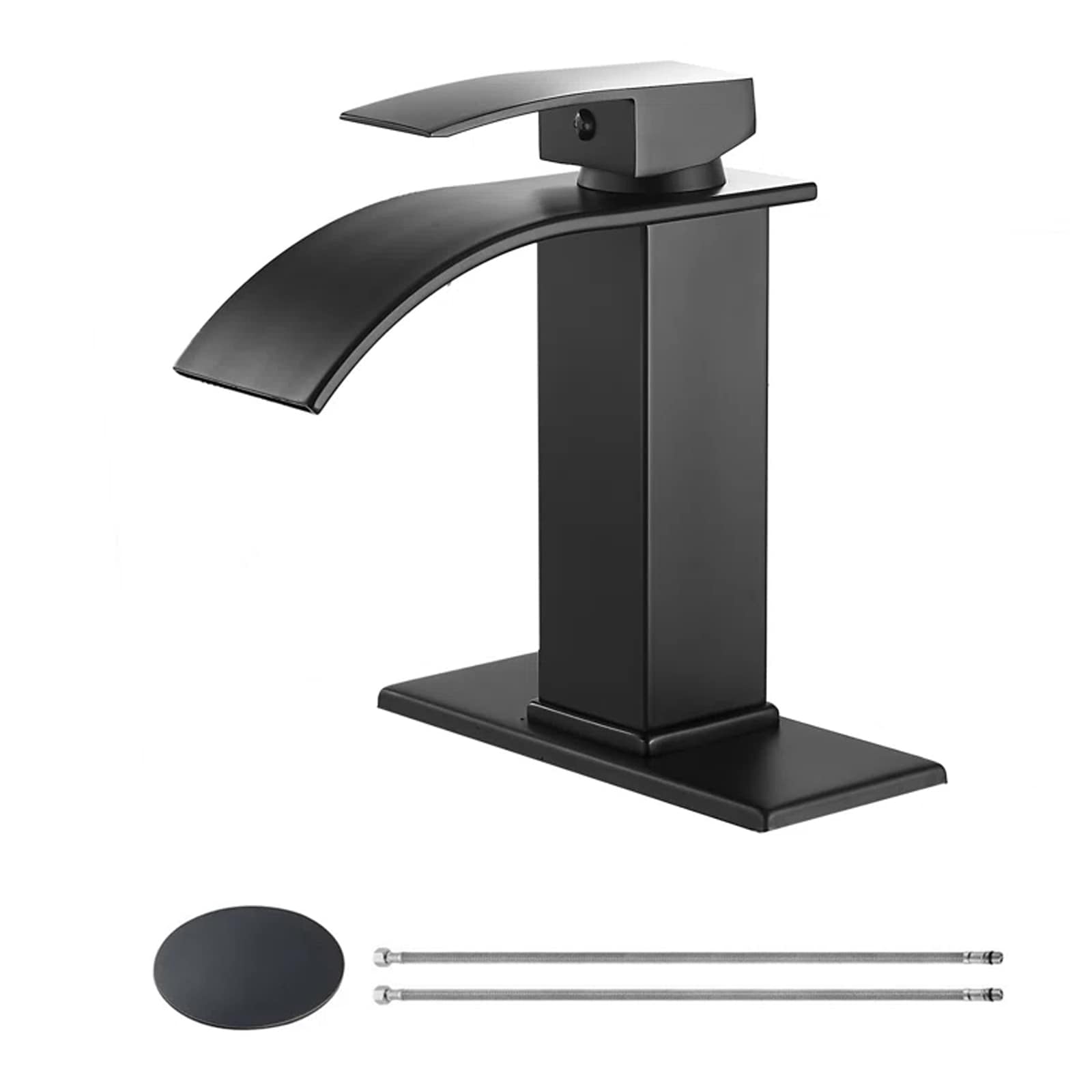BYH Matte Black Single hole 1-handle WaterSense Waterfall Commercial/Residential Handle Bathroom Sink Faucet with Drain with Deck Plate