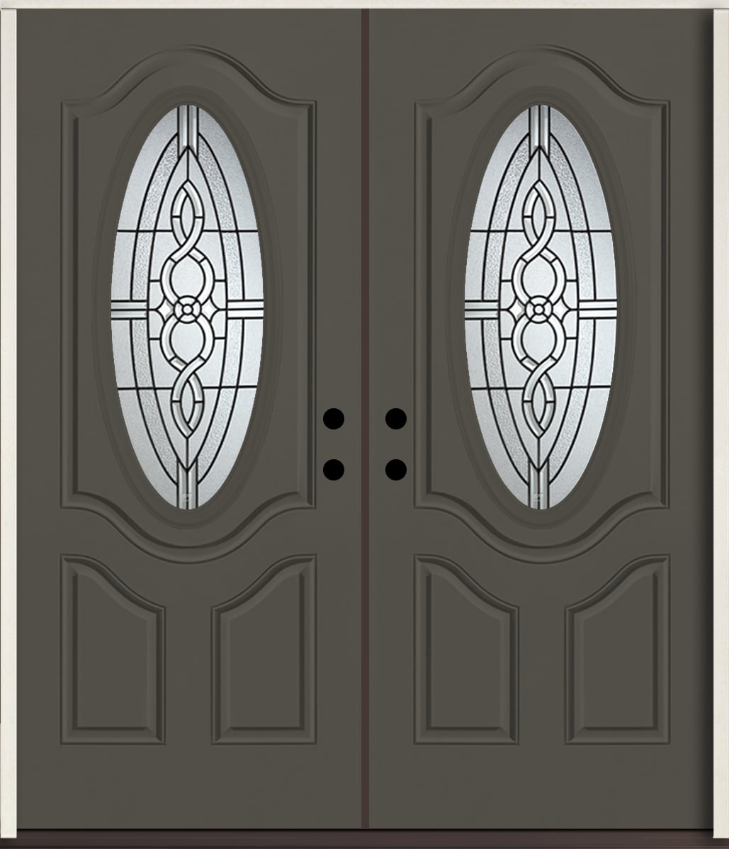 American Building Supply LO963500 Calista 72-in x 80-in x Fiberglass Oval lite Left-hand inswing Thunder Gray Paint Painted Prehung Double Front Door Insulating core