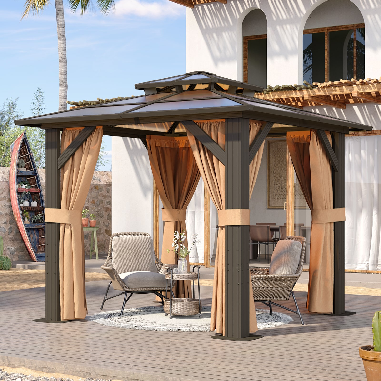 AOXUN AX-401B15 8-ft x 8-ft Outdoor Gazebos Brown Gazebo with Hardtop Roof (Screen Included)