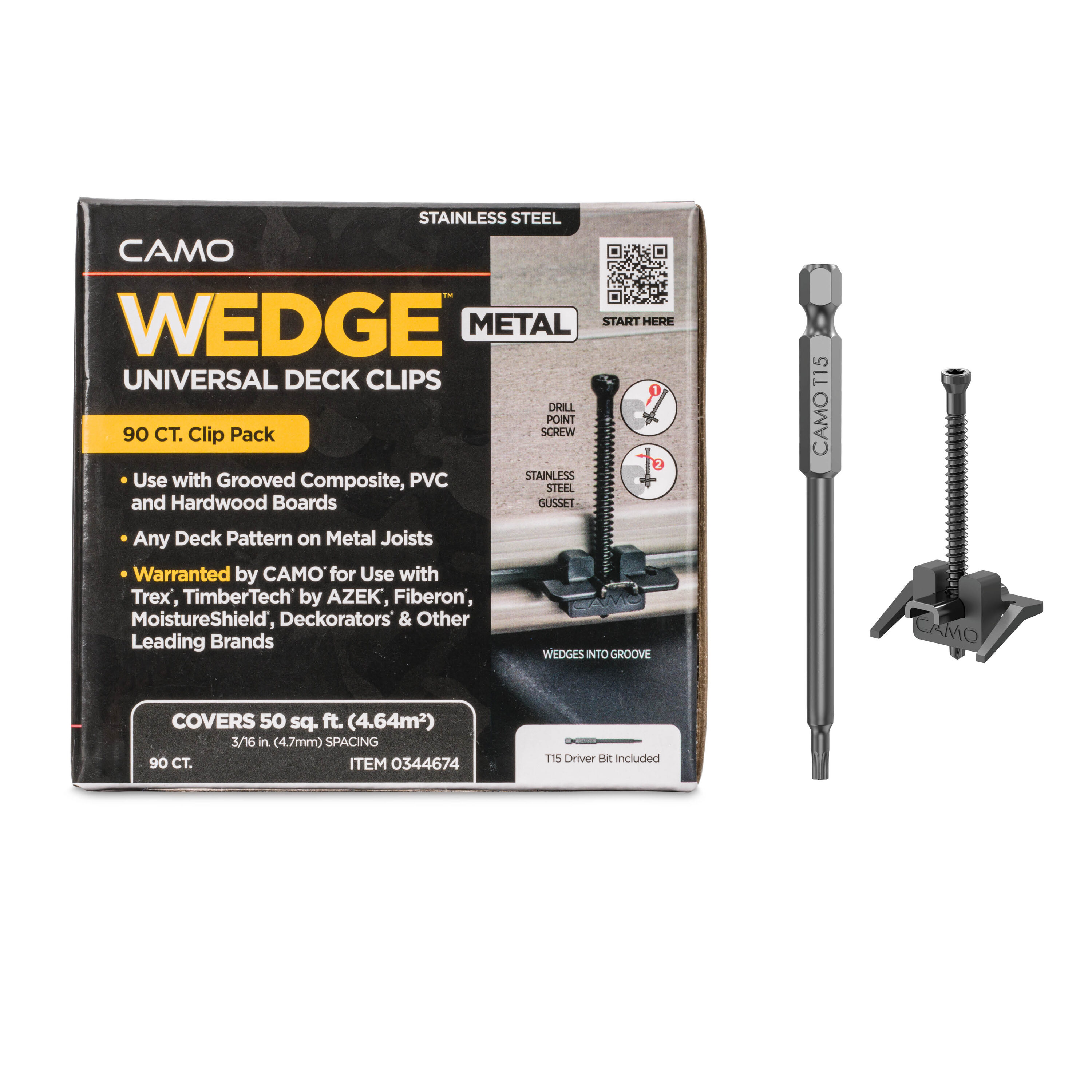 CAMO 0344674 Wedgemetal Clip 2 Inches 410 Stainless Steel Hidden Deck Fastener 50 Square feet ( 90 -Pack )