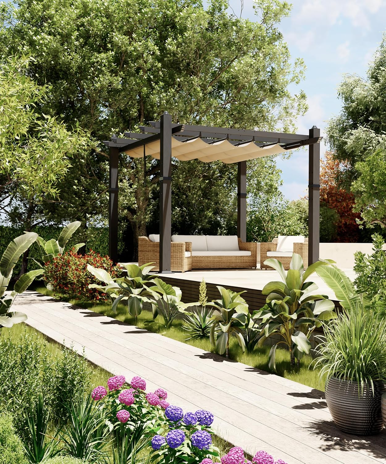 Qeetex A-PHO-335EPHUH 10x10 Foot Outdoor Pergola Heavy Duty Aluminum Frame With Retractable Canopy Water Resistant UV Protection Stylish Durable And Easy Assembly For Backyard Garden Patio Gray column khaki curtain