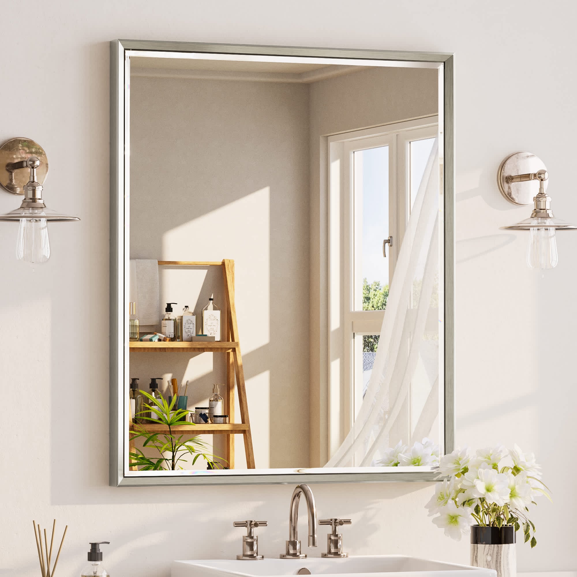 Aok Garden 30 in x 36 in Framed Rectangular Brushed Nickel Wall Mounted Double Beveled Frame Vanity Mirror