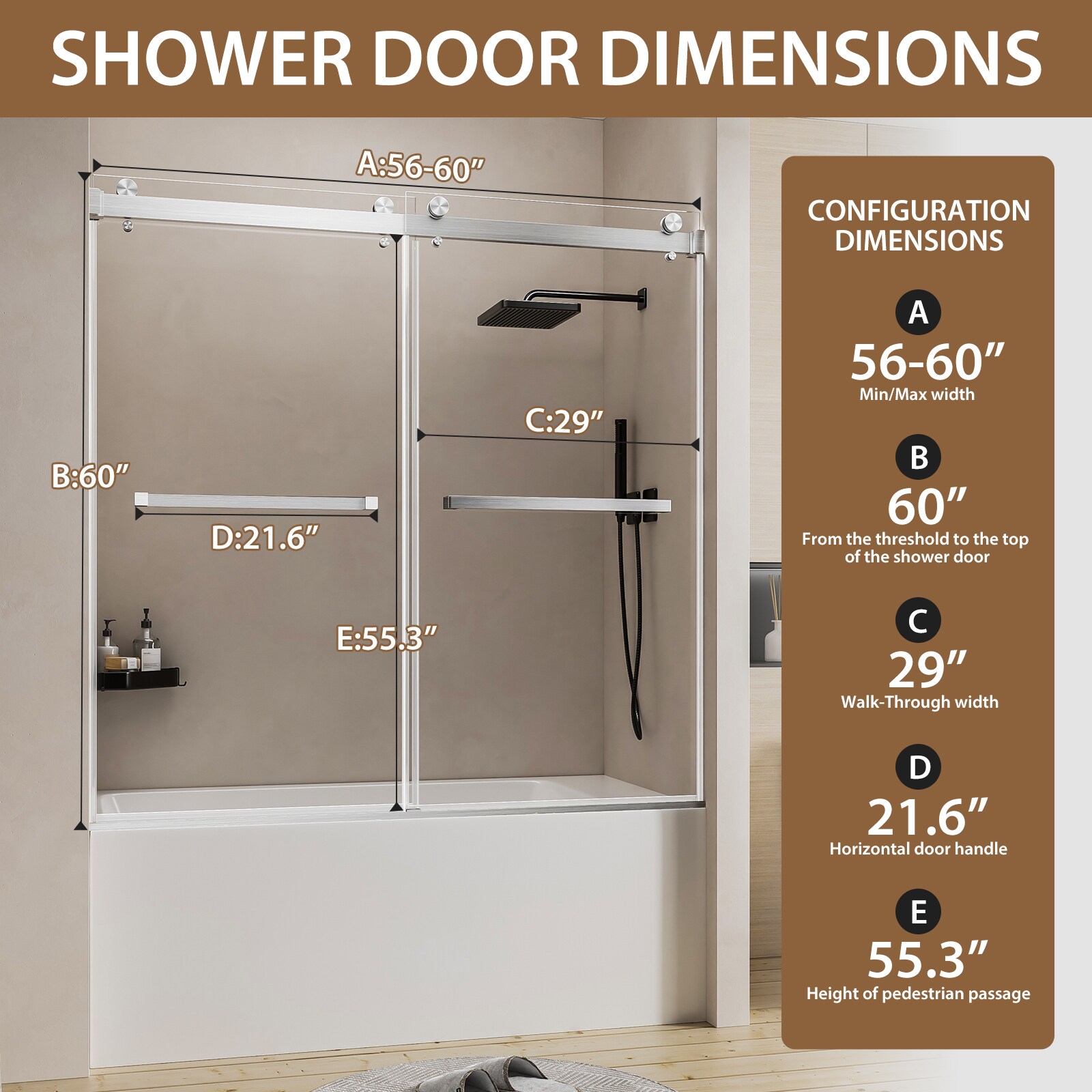 Boho Havens 56-60 Inch W x 60 H Frameless Double Sliding Shower Door ...