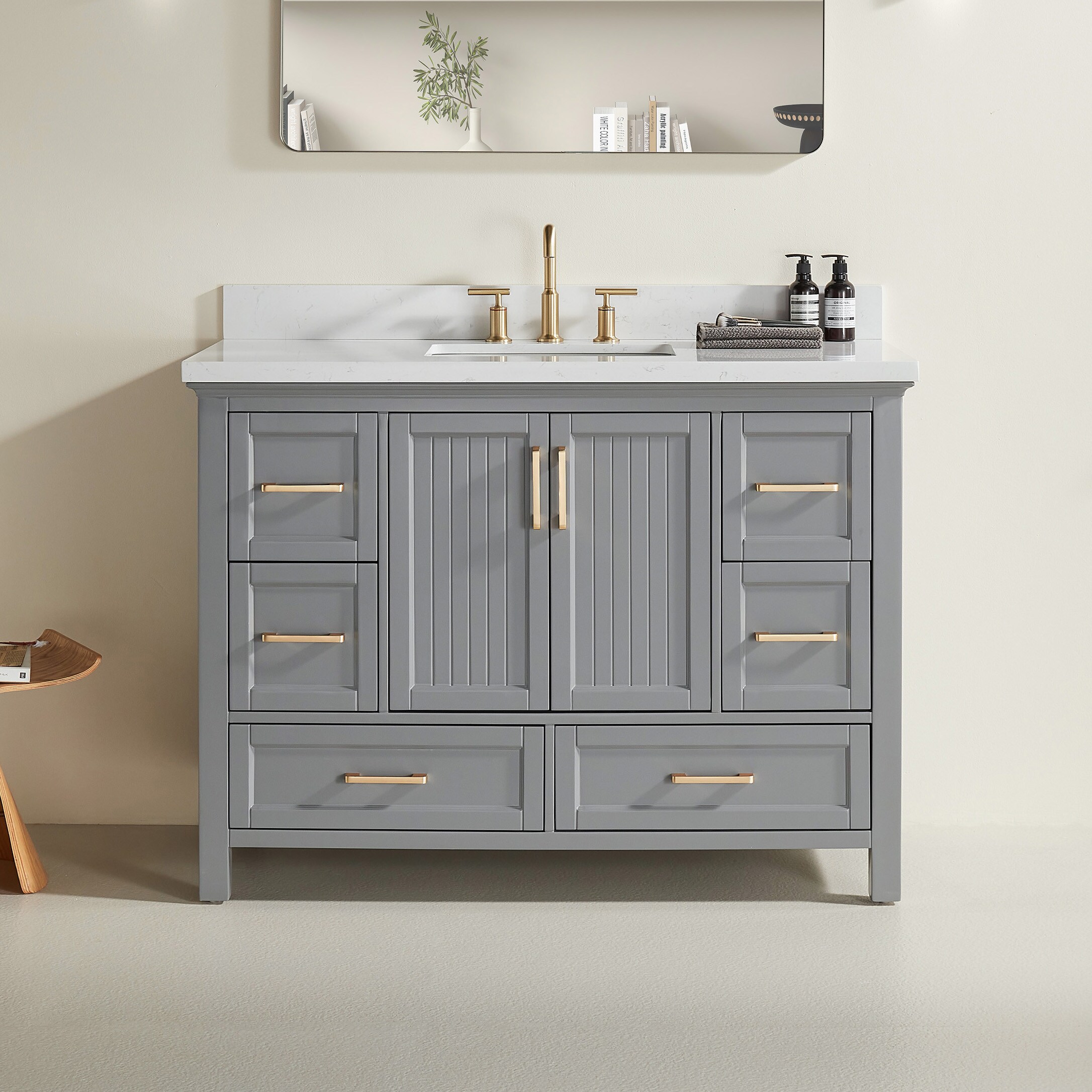 Forclover Fully Assembled 48-in Gray Farmhouse Single Sink Bathroom Vanity with White Engineered Marble Top