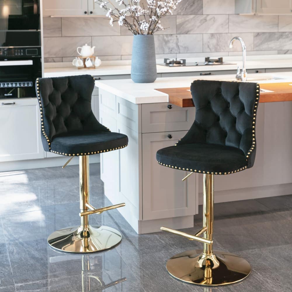 Maison Boucle FENR-BAR-BLACK Set of 2 Black Swivel Velvet Adjustable Height Bar Stools with Gold Metal Base for Home Bar