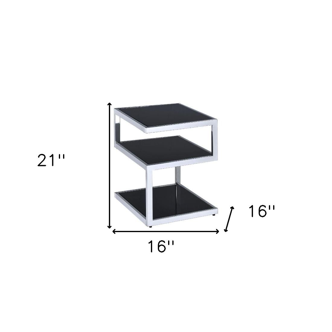 Alysa 16'' Black Glass & Stainless Steel 3-Tier End Table