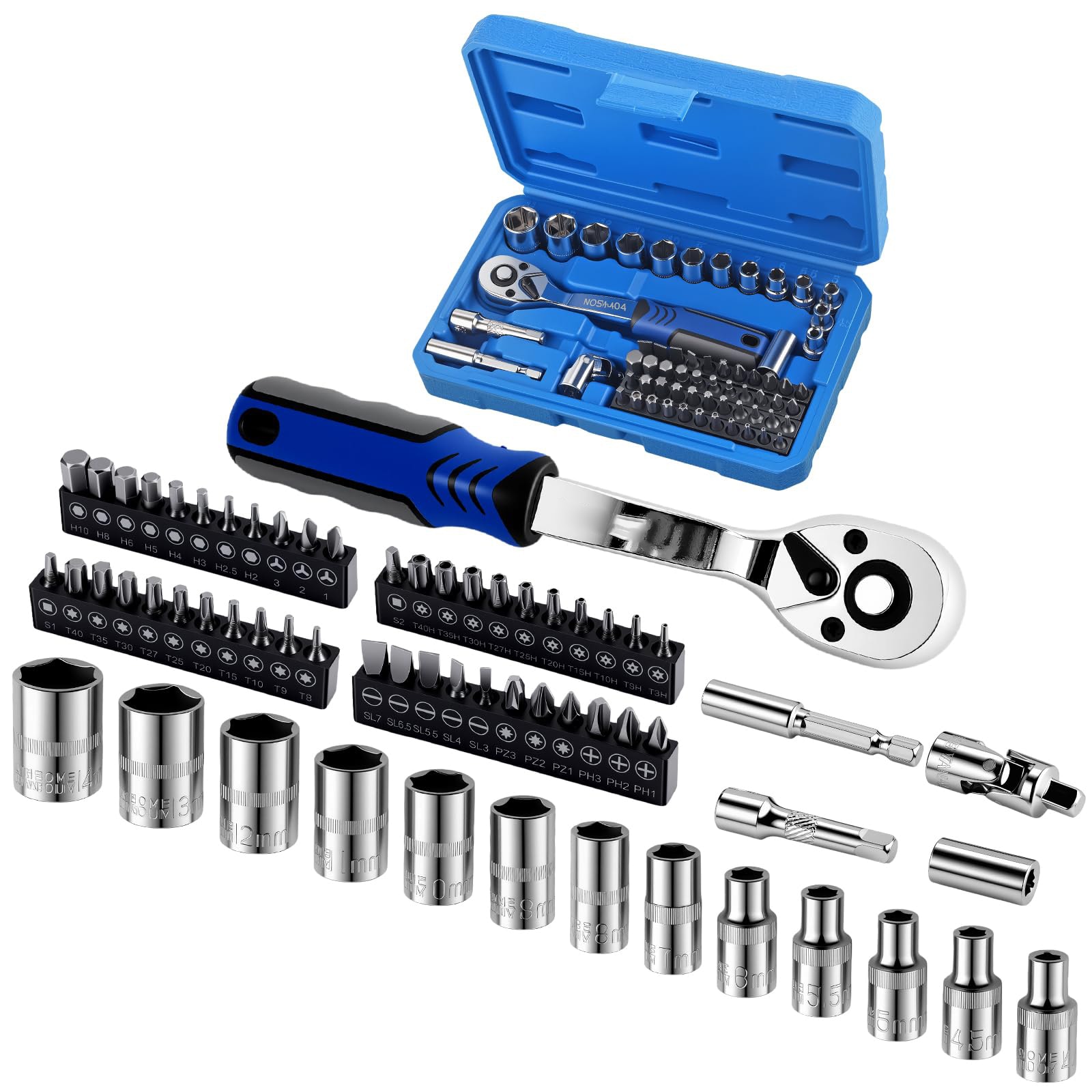 SenQWFa  62 Piece Ratchet Wrench Set with Metric Sockets 4 to 14mm 44 Screwdriver Bits Universal Joint Extension Bar and Durable Storage Case