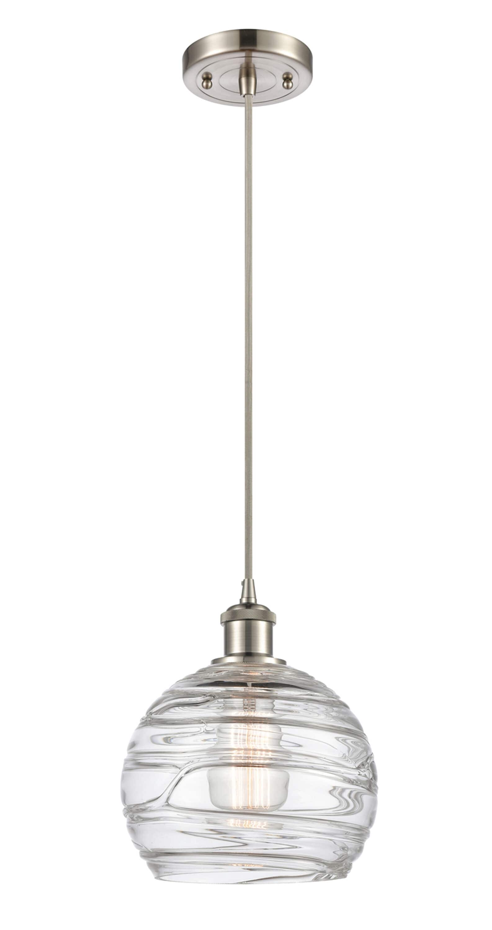 Innovations Lighting Athens Deco Swirl 1 -Light Brushed Satin Nickel, Clear Deco Swirl Industrial Globe LED Small Outdoor Hanging Pendant Light