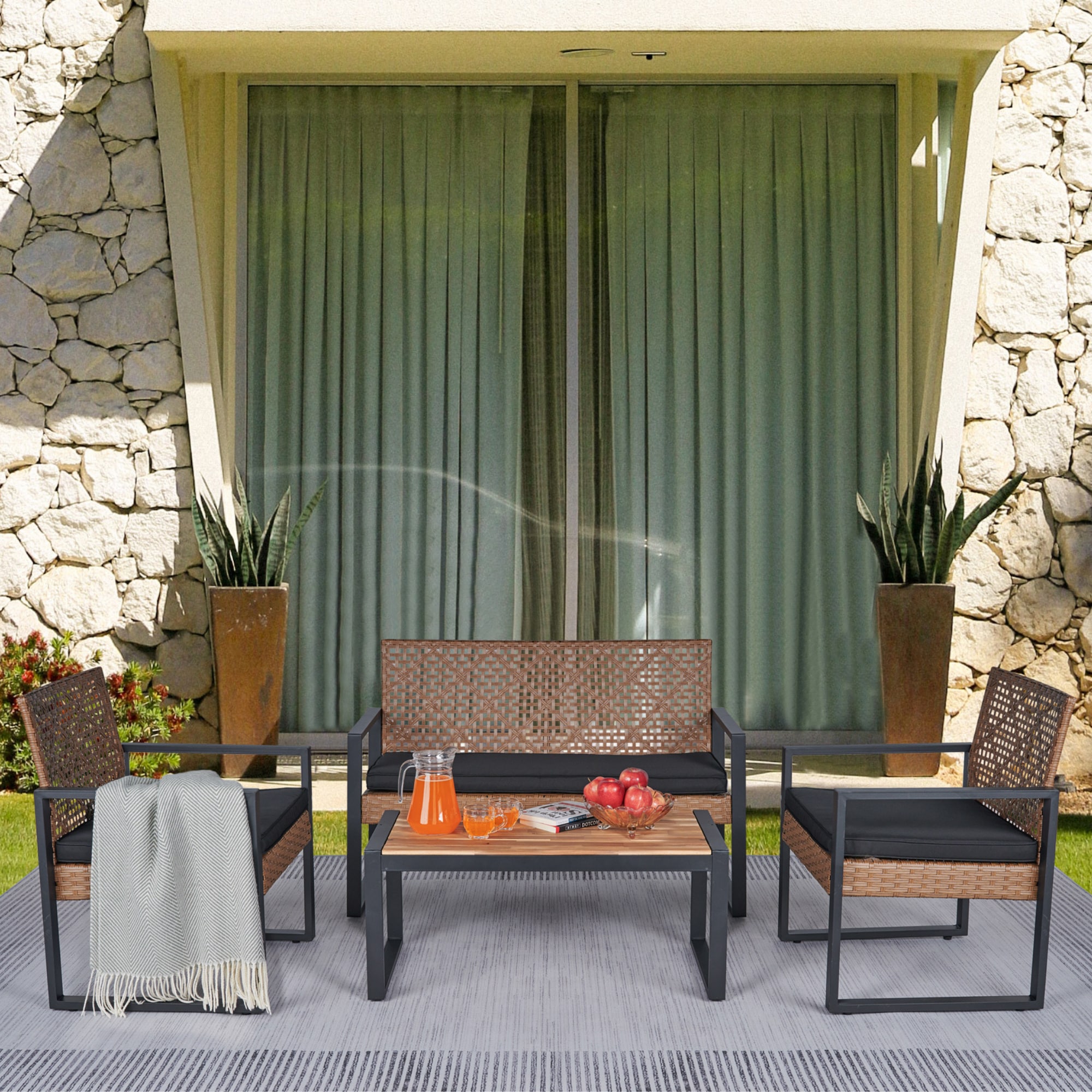 Gaierptone CRXP1PS9H4D 4 -Piece Wicker Patio Conversation Set with Black Cushions