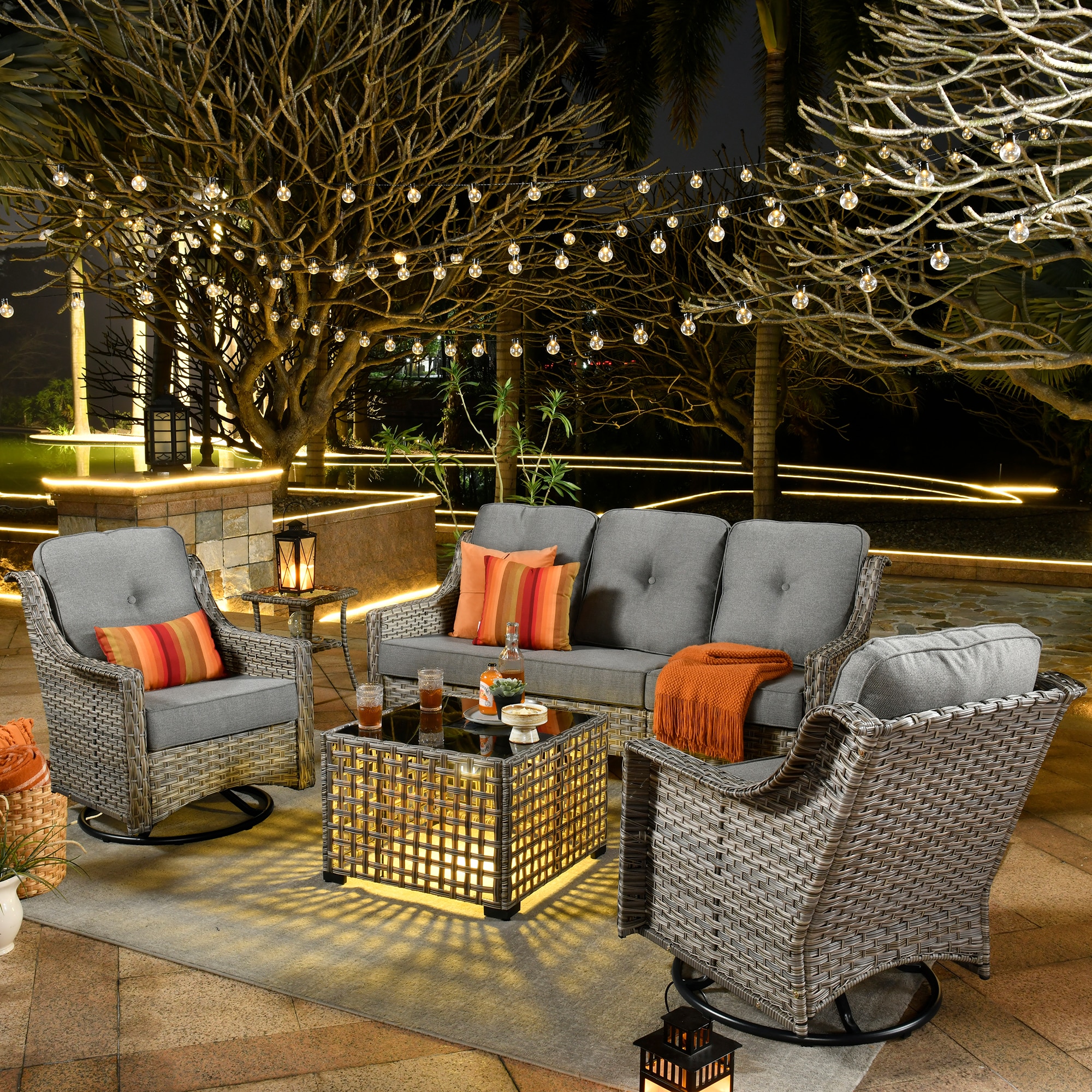 Ovios PD205Y 5 -Piece Wicker Patio Sofa Conversation Set with Gray Cushions