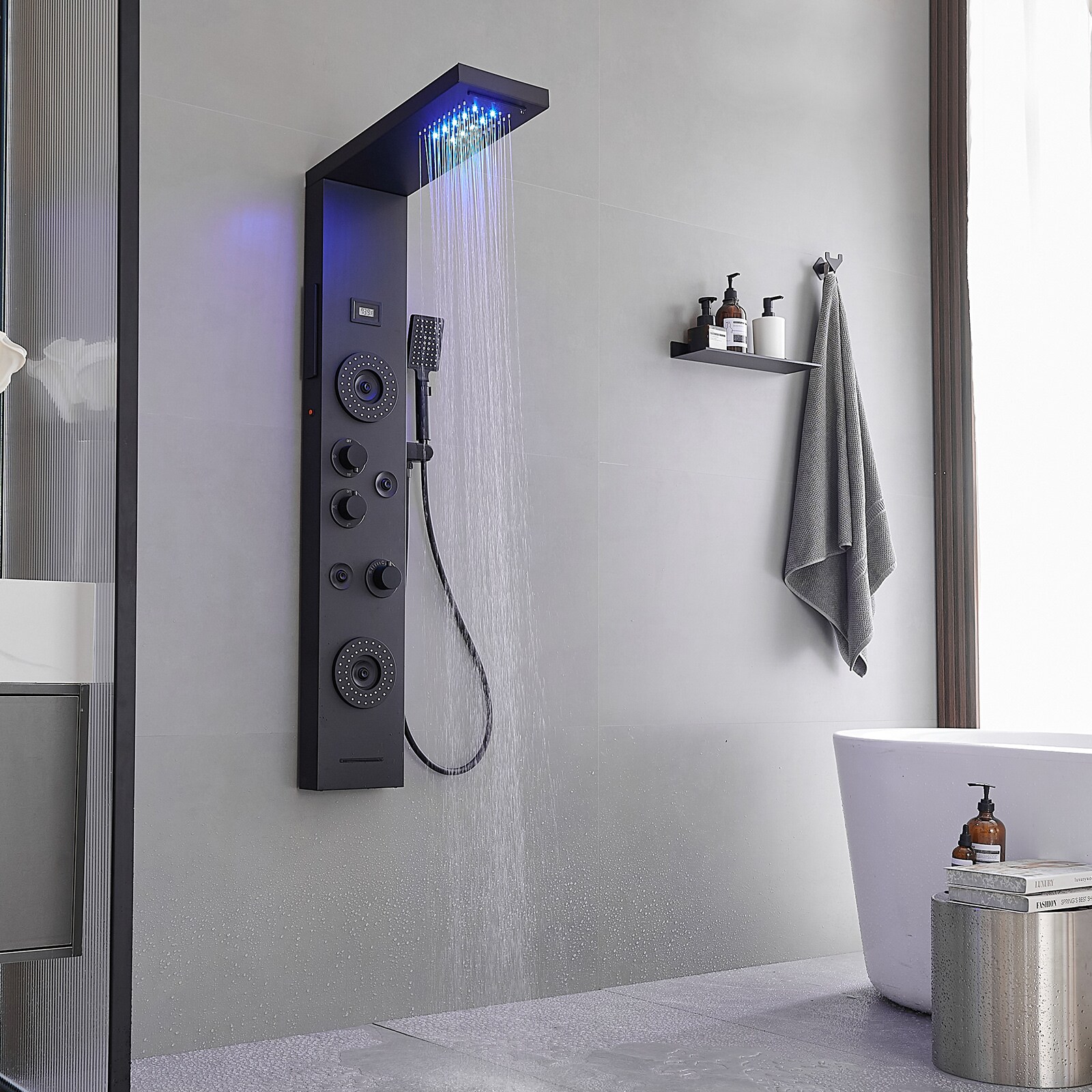 BWE Matte Black 8-in Waterfall Shower Panel System with 5-way Diverter ...