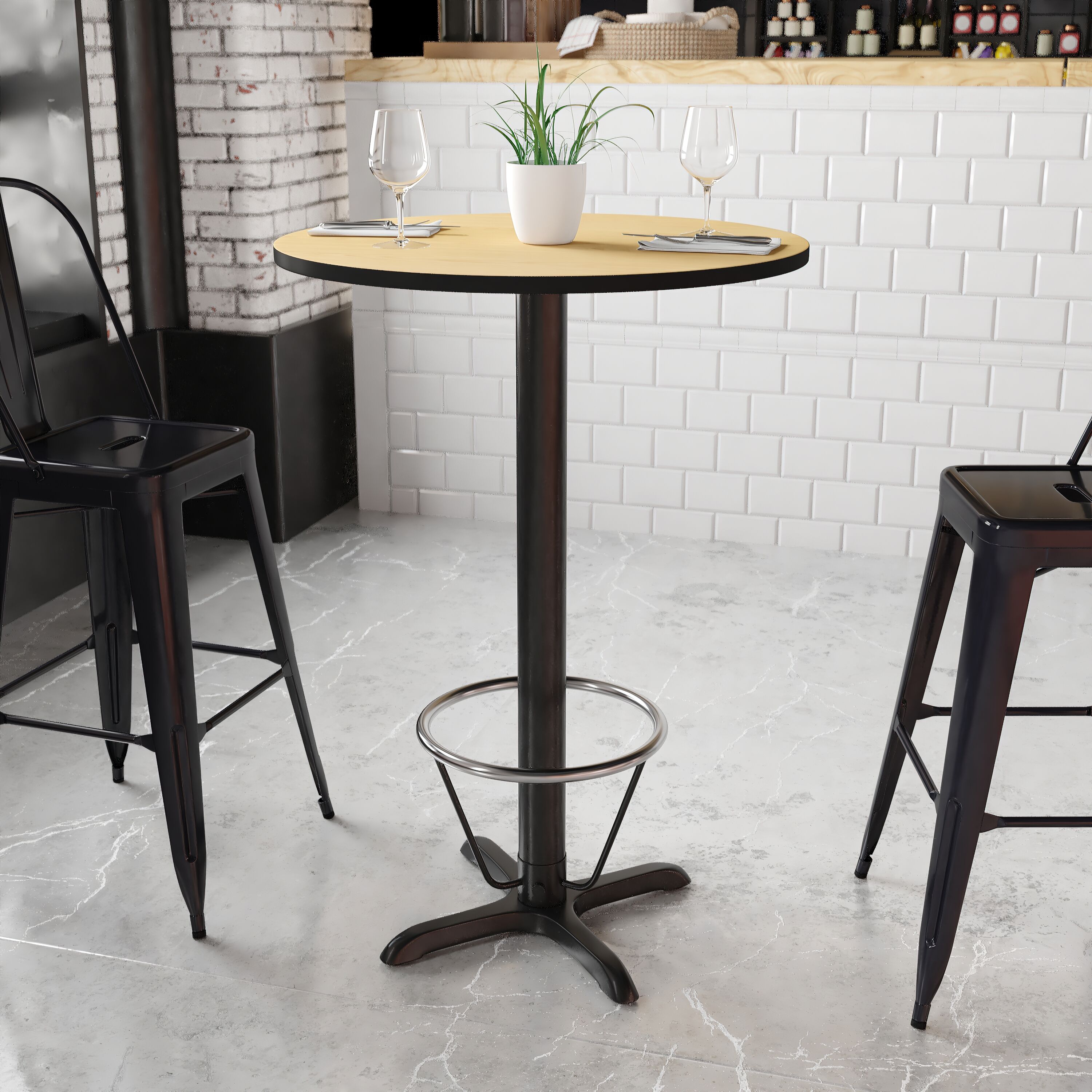 Flash Furniture 889142218272 Natural Round Contemporary/Modern Bar Table, Wood veneer with Black Metal 30-in L x 43.13-in H