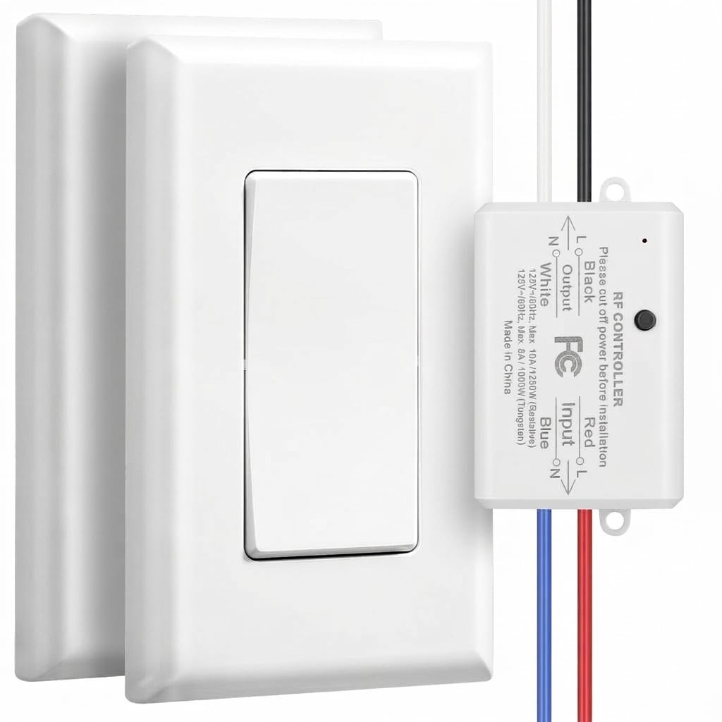 Phewnyzo  3 Way Wireless Light Switch Kit No Wiring No WiFi Remote Control Wall Switch and Receiver for Lamp Ceiling Light Fan 100 ft RF Range