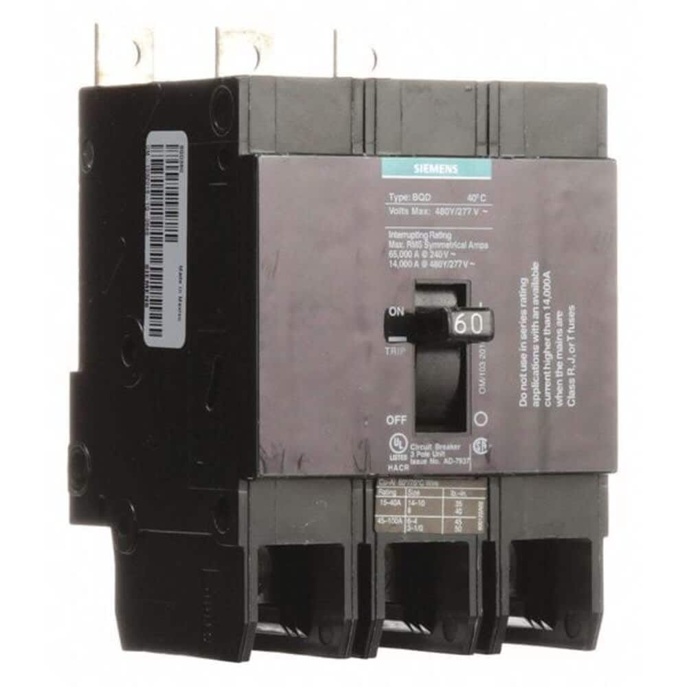 Siemens Miniature Circuit Breaker BQD Series 60A 3 Pole 480V AC 14kA at 480V AC