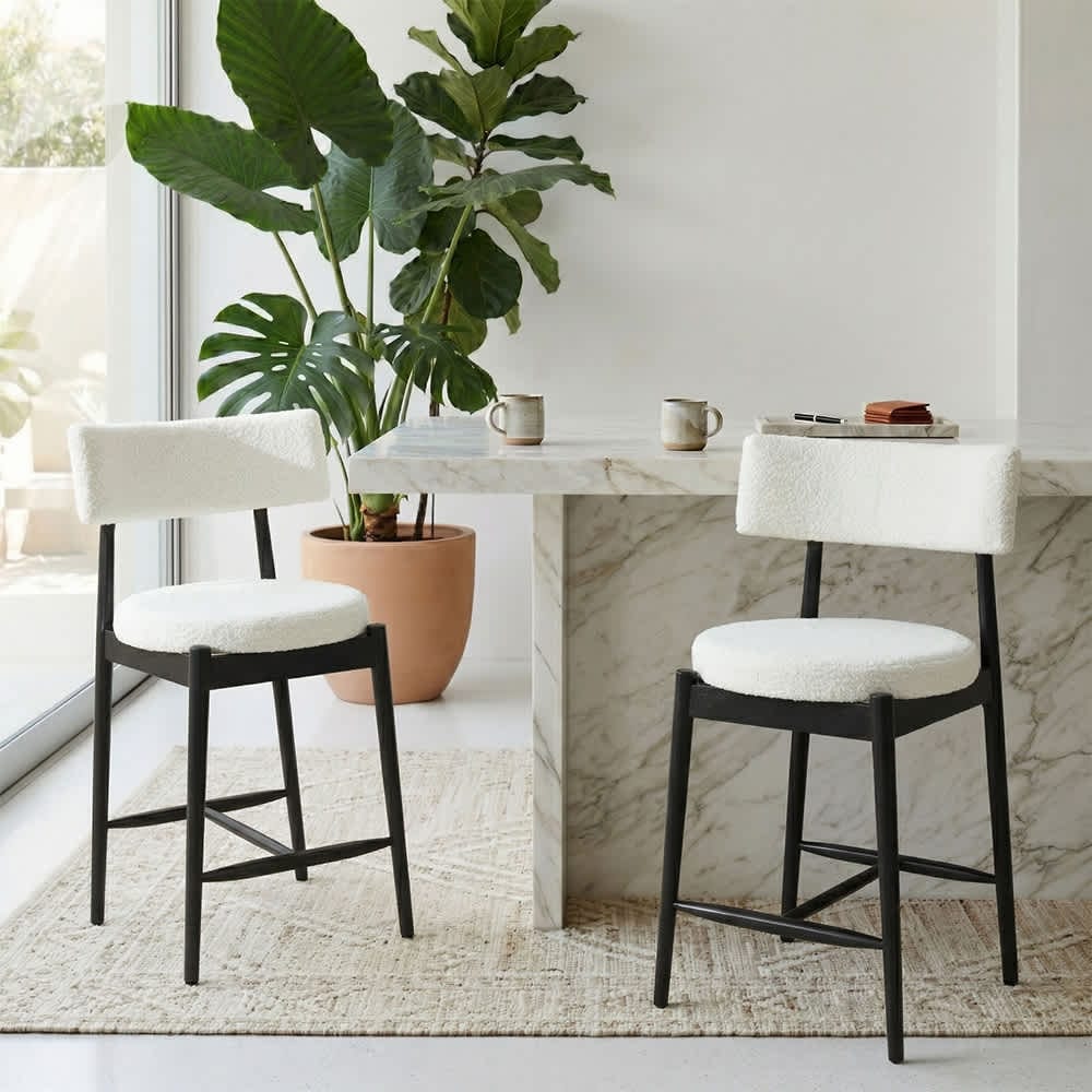 Coolbibila - Set of 2 Mid Century Modern Beige Upholstered Counter Height Barstools with Black Ru...