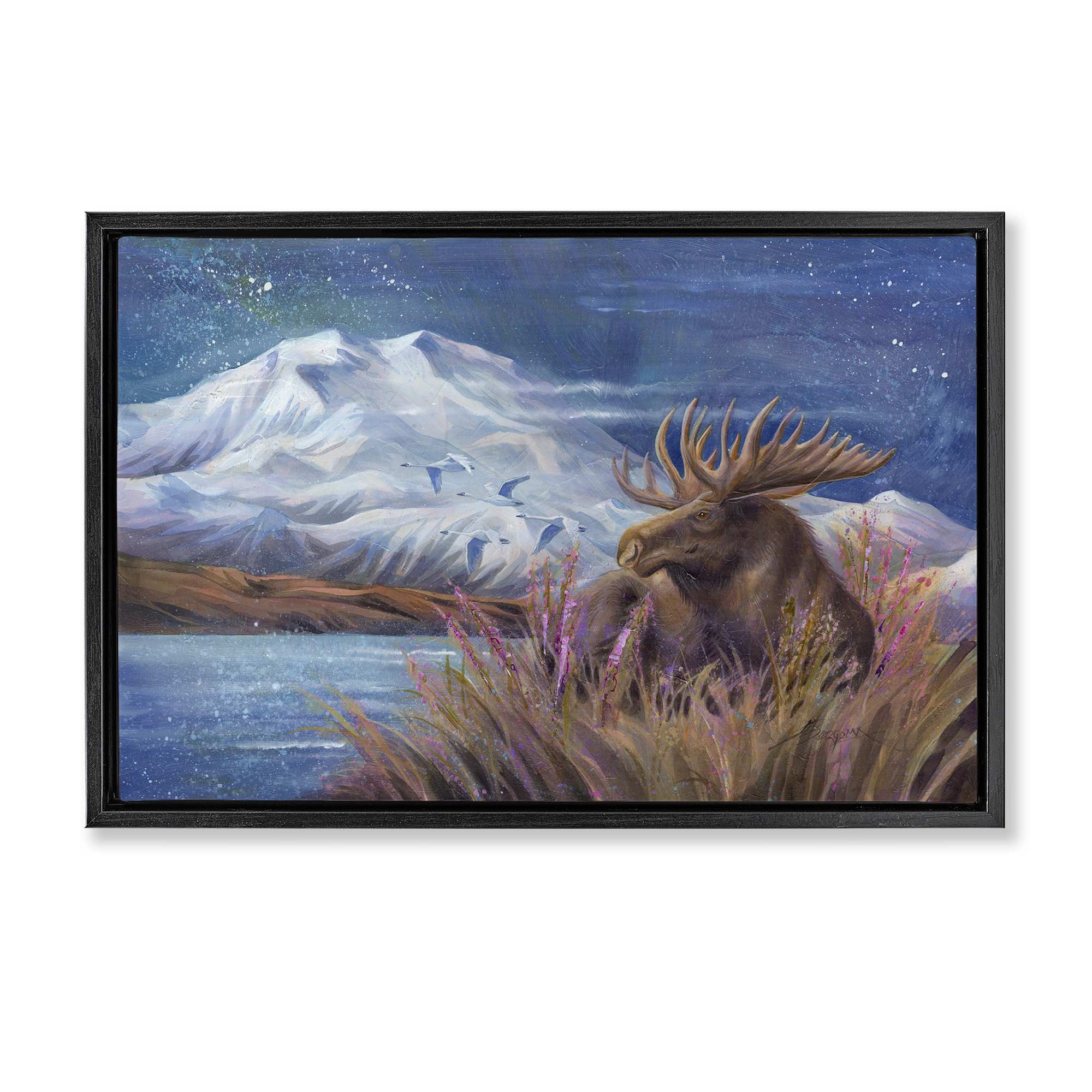 Stupell Industries BT-328-FFB-16X24 Moose and Snowy White Mountain Black Framed Floater Canvas Wall Art By Jody Bergsma 25 x 17