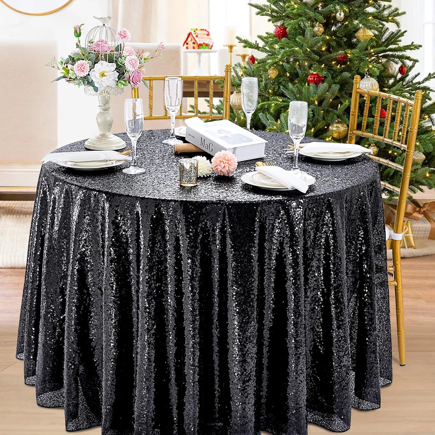 B-Cool B0D8KHDV3K 90 Inch Round Tablecloth Black Sequin Table Cloth Glitter Table Cover for Holiday Banquet Dining Wedding Halloween Christmas Party Decoration