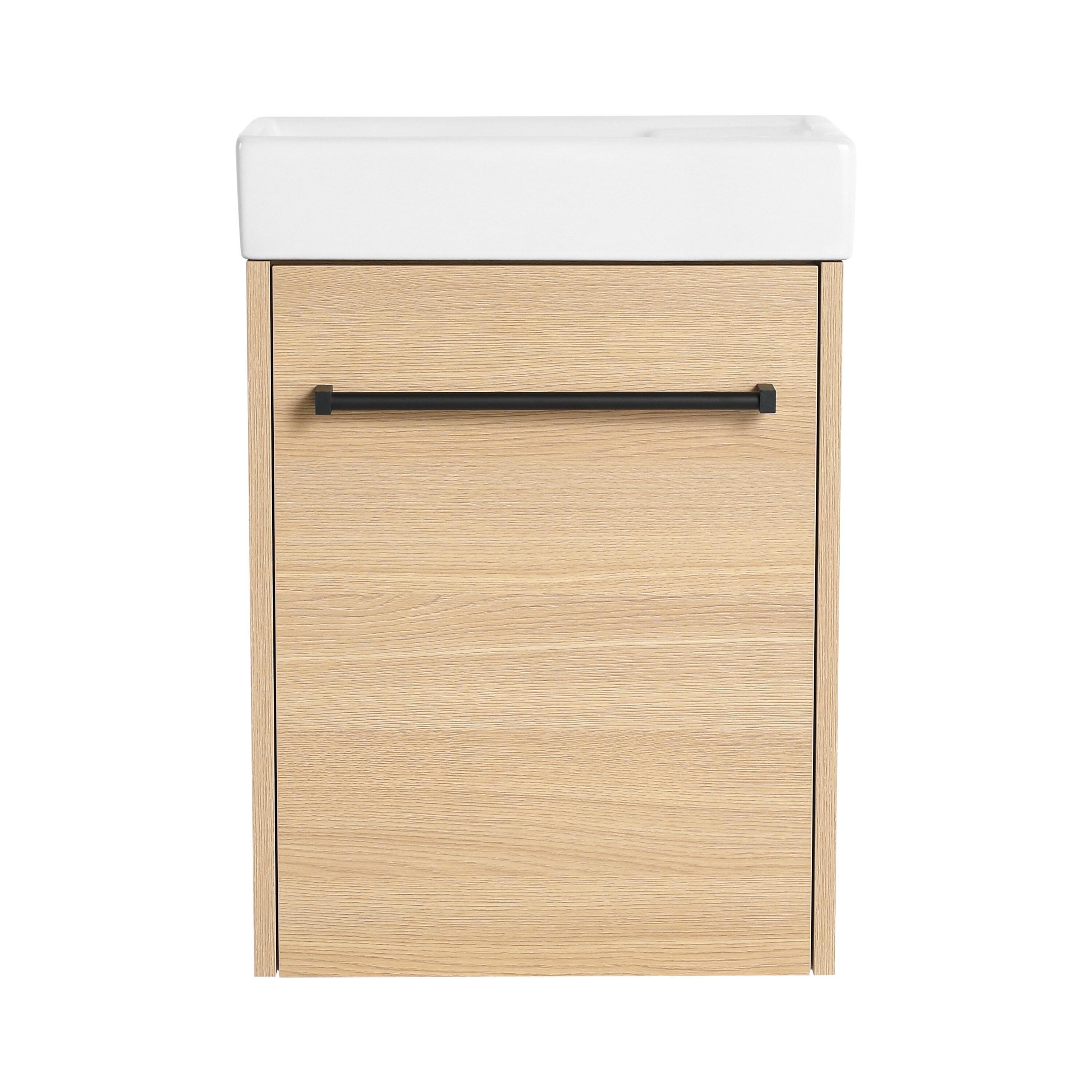 LIVACA 16 inch Light Oak Plywood Wall-Mounted Bathroom Vanity with Ceramic Sink and Soft-Close Cabinet Door