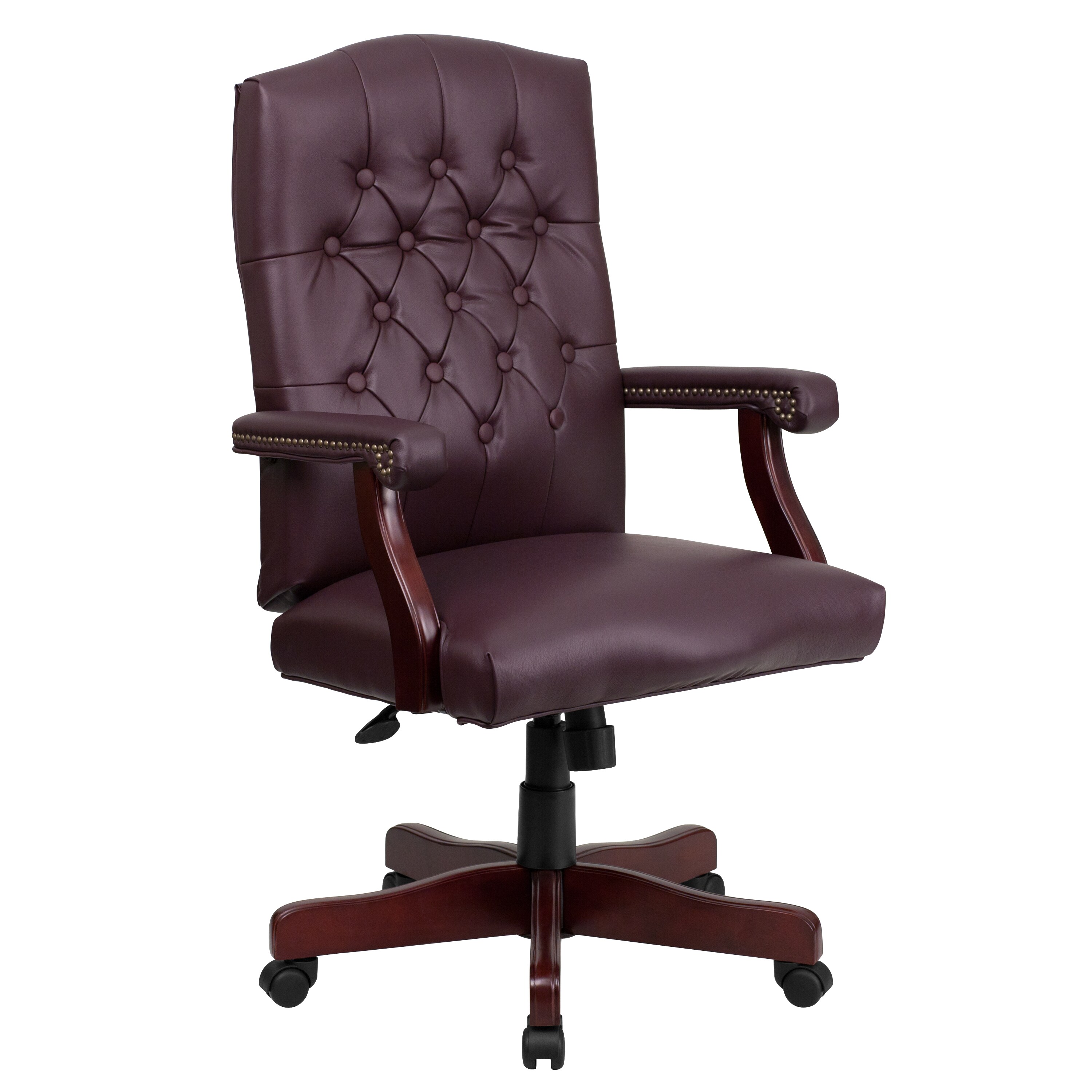 Traditional Style Burgundy Leather Conference Office Chair w/Nail Trim & Casters 