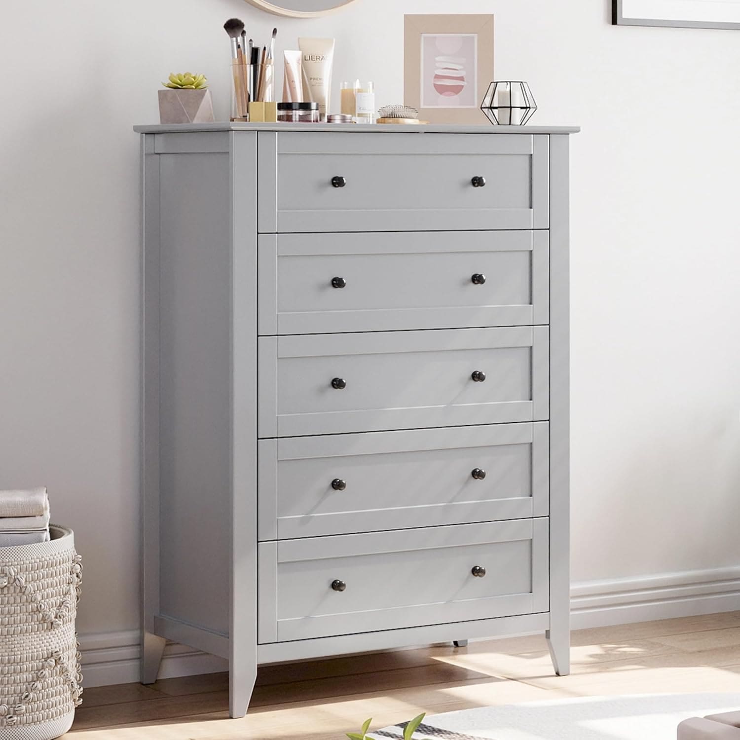 Qeetex LHF-DG-839OPBG5014 5 Chest of Drawer Dresser - Wood Storage Organizer with Drawers for Bedroom/Living Room/Entryway - Grey