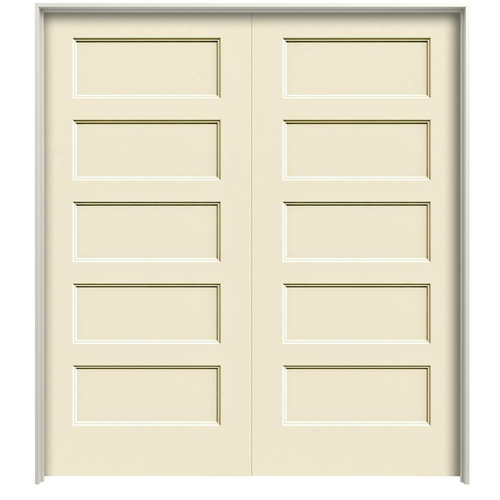 RELIABILT LO1002204 60-in x 80-in Cream-n-Sugar Hollow core 5-panel equal Reversible/Universal Smooth Prefinished Molded composite Flat Jamb Double Prehung Interior Door