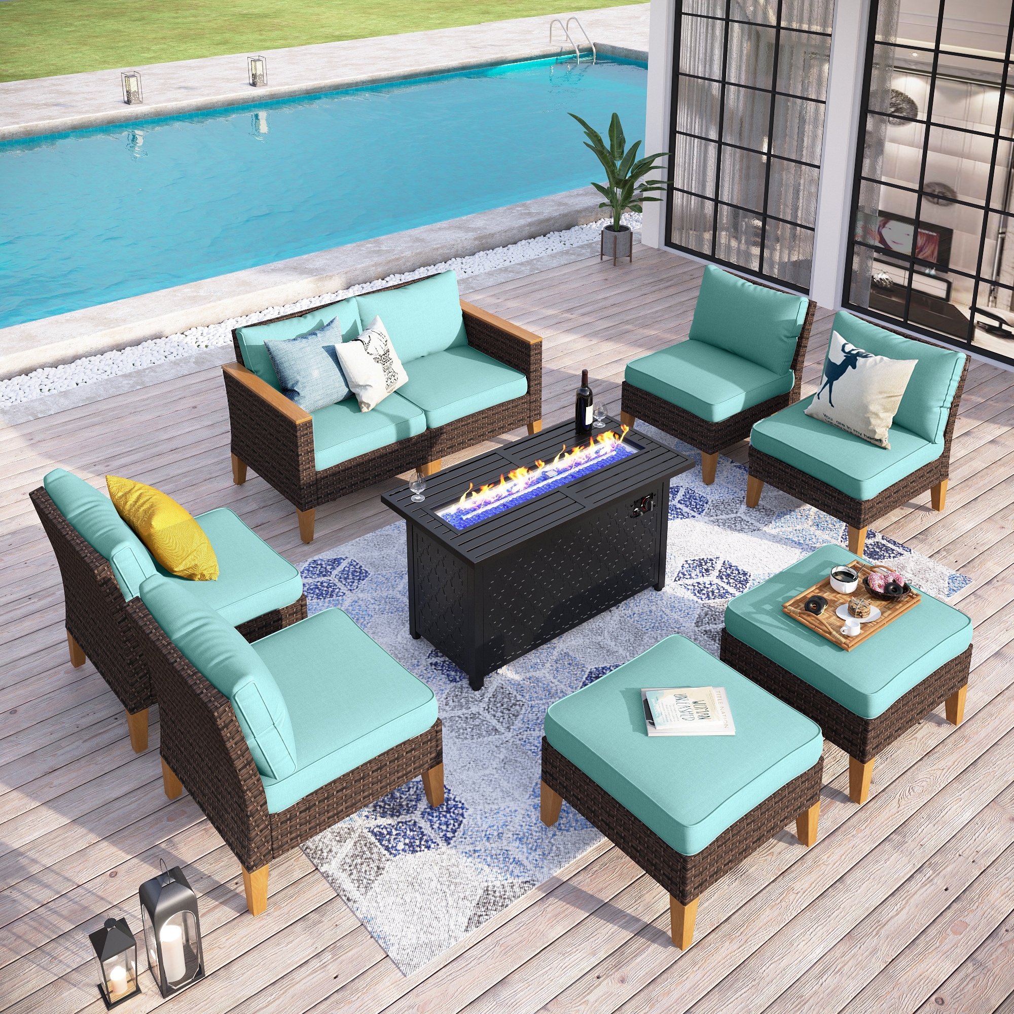 Sunshine Valley CR006-03-8-GS007-BU 9 -Piece Wicker Patio Conversation Set with Blue CUSHION PRO Cushions