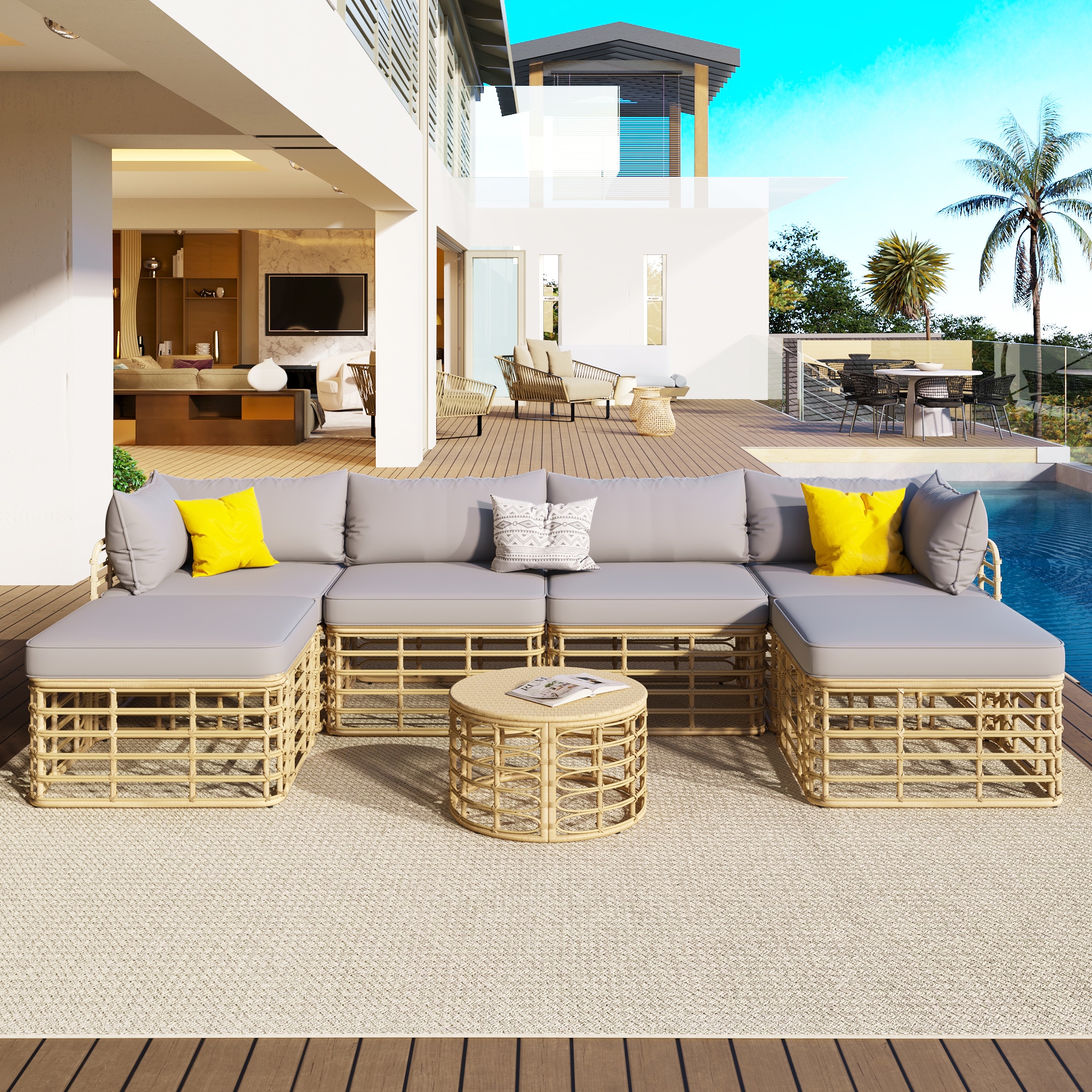 CESICIA R19-5P-BK 7 -Piece Wicker 4 Patio Sofa Conversation Set with Gray Cushions