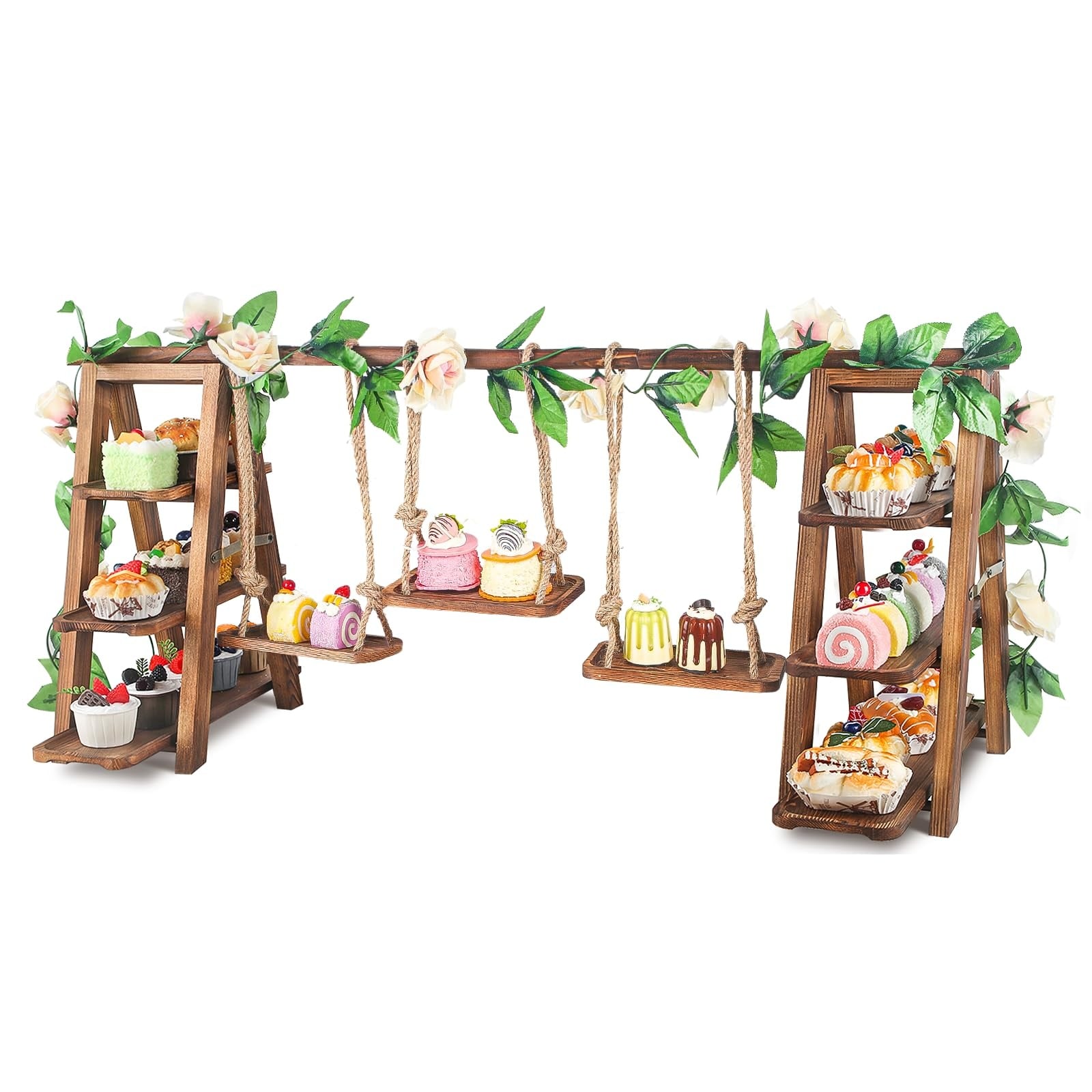 Etokfoks  3 Tier Swing Cupcake Stand with 6 Trays 3 Hanging Trays Solid Wood Rustic Design Indoor Outdoor