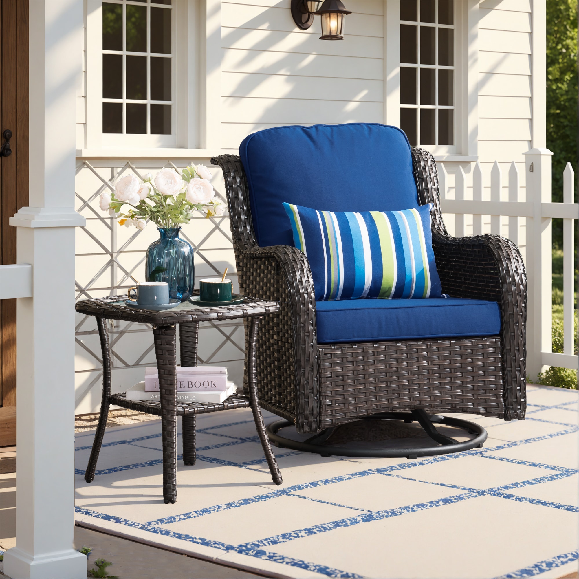 Pouuin SYZNTC7-1 Wicker Brown Metal Frame Swivel rocker Rocking Chair with Navy Cushioned Seat
